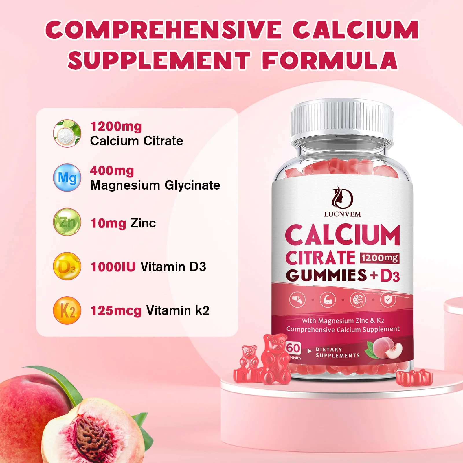 (2 Pack) Calcium Citrate 1200mg Gummies with Vitamin D3 & K2 – Peach Flavor - Image 2