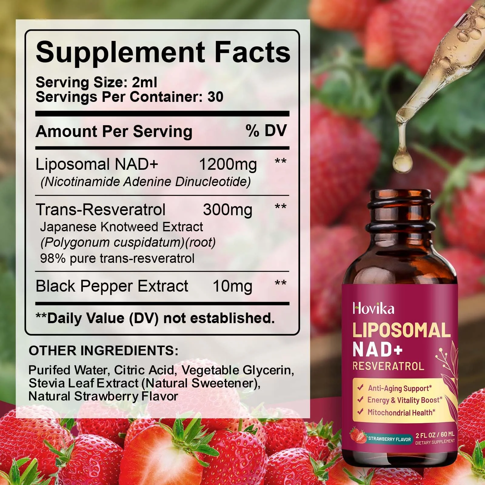 2 Pack Liposomal NAD+ Drops 1200mg - Strawberry Flavor, Resveratrol & Black Pepper - Image 2