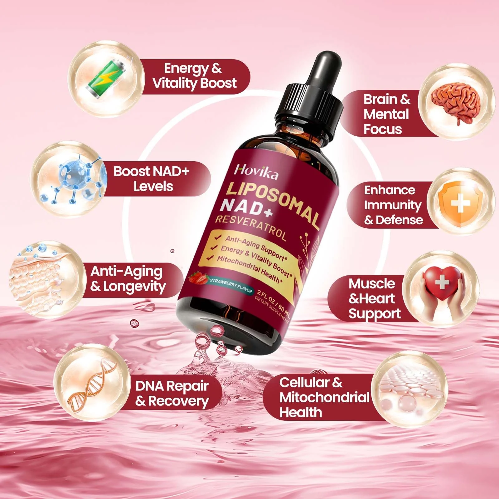 2 Pack Liposomal NAD+ Drops 1200mg - Strawberry Flavor, Resveratrol & Black Pepper - Image 3