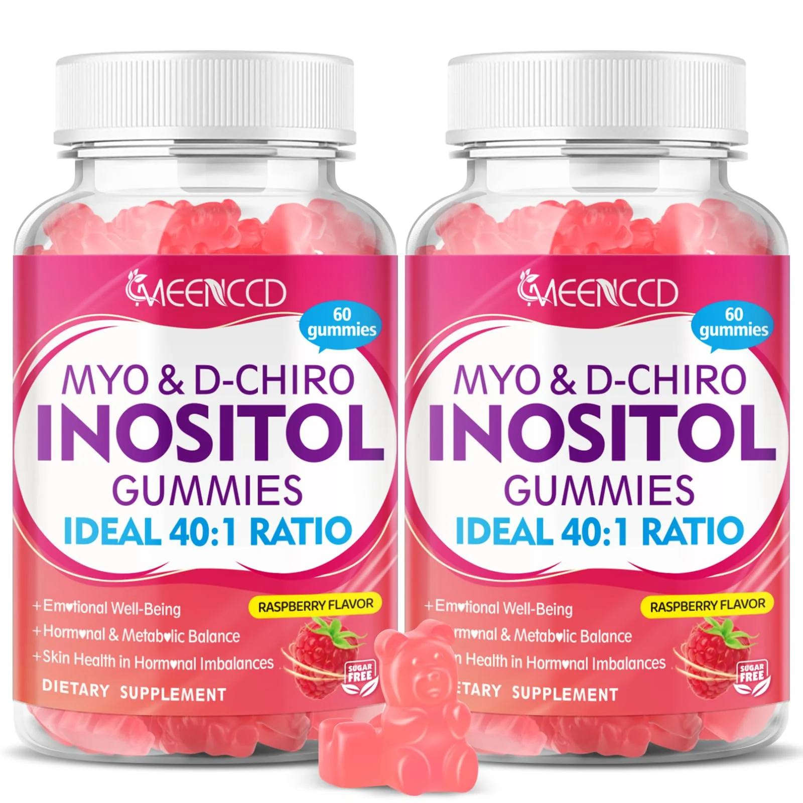 2-Pack Myo-Inositol and D-Chiro Inositol Gummies – 40:1 Ratio, Raspberry Flavor, 120 Count