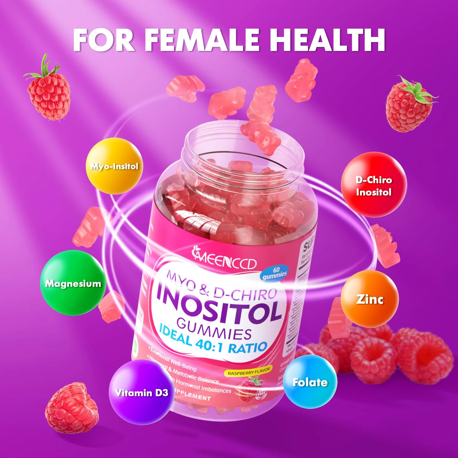 2-Pack Myo-Inositol and D-Chiro Inositol Gummies – 40:1 Ratio, Raspberry Flavor, 120 Count - Image 4
