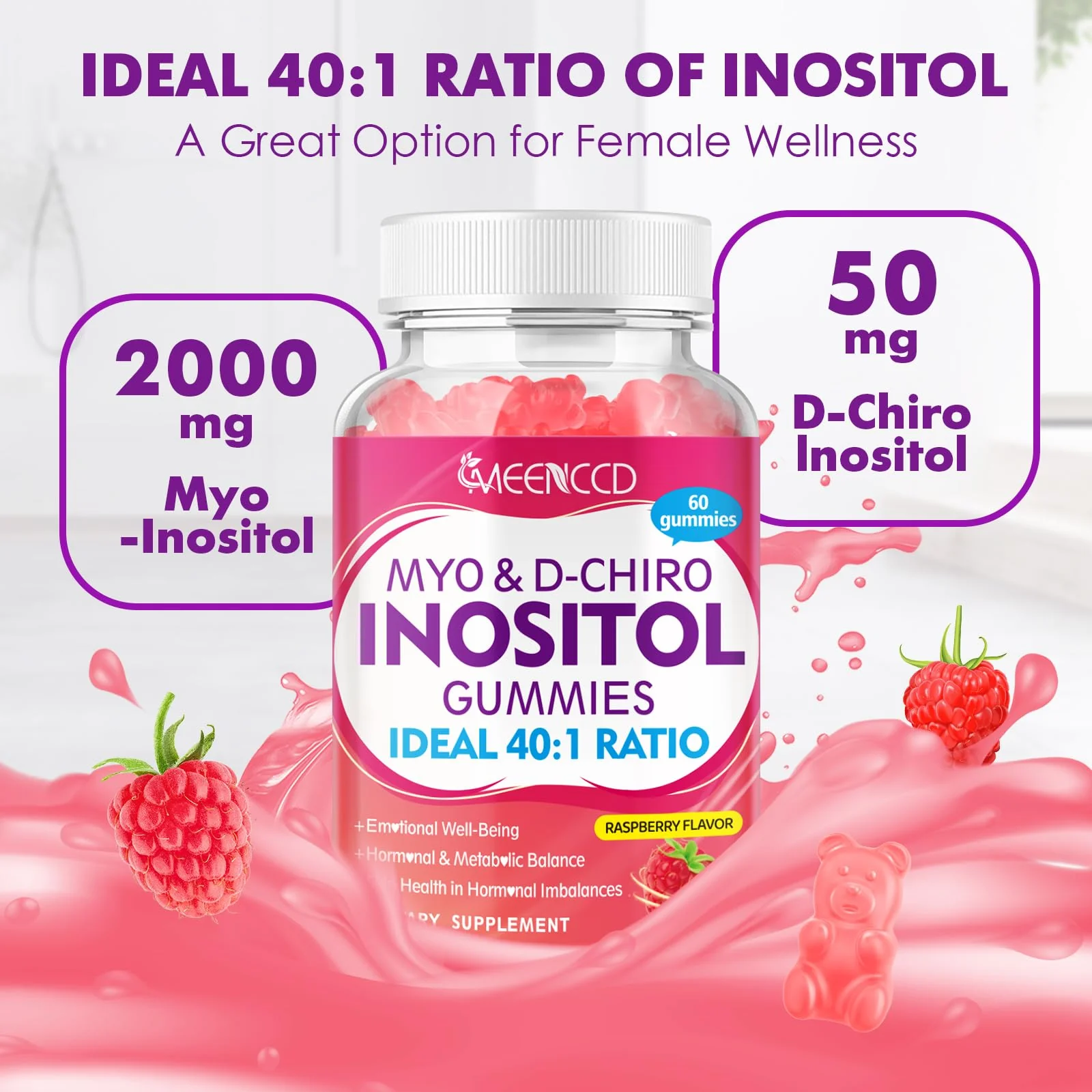 2-Pack Myo-Inositol and D-Chiro Inositol Gummies – 40:1 Ratio, Raspberry Flavor, 120 Count - Image 7