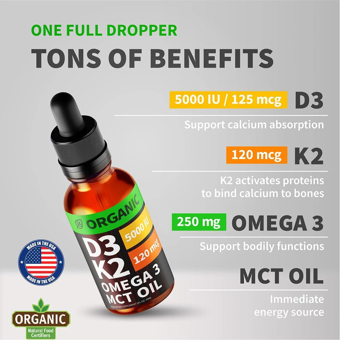 (2 Pack) Organic Vitamin D3 K2 Drops 5000 IU | MCT Oil, Omega-3, Unflavored 2 oz - Image 3