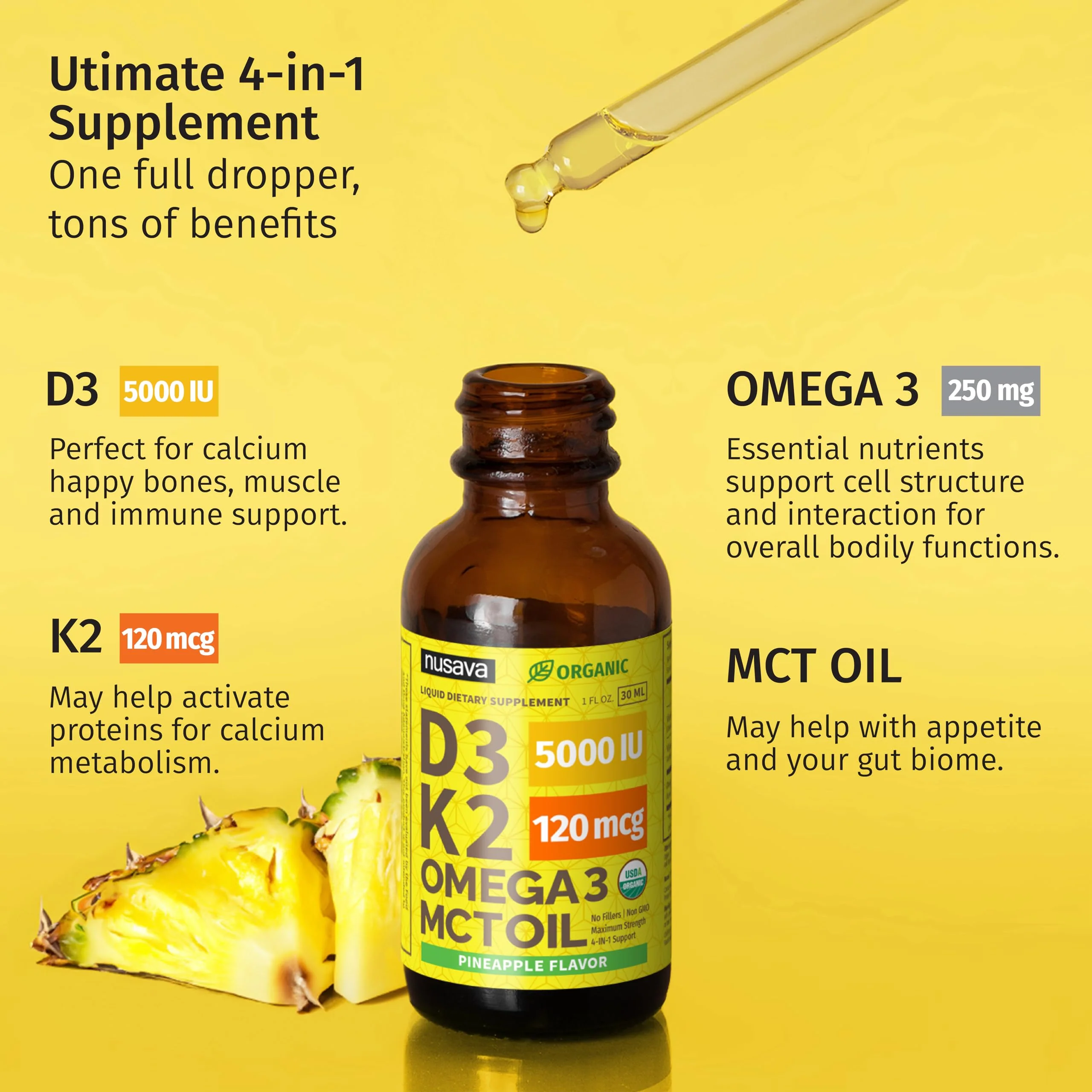2 Pack Organic Vitamin D3 K2 Drops with MCT Oil – Pineapple 2 fl oz | 5000 IU Immune Support - Image 4