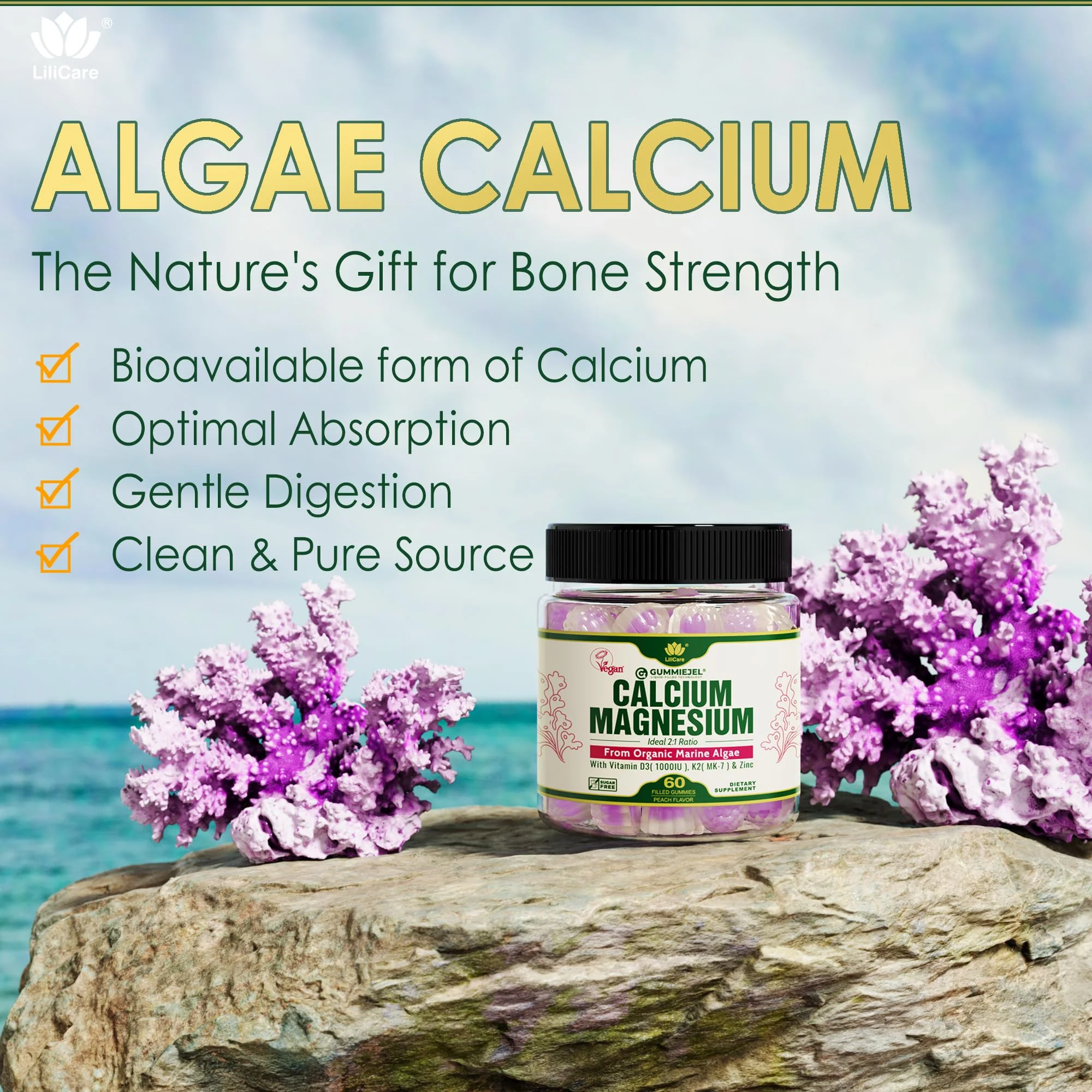 2 Pack Plant-Based Calcium Gummies 600mg + D3 K2 Mg Zn – Vegan, Sugar-Free | LILICARE - Image 13