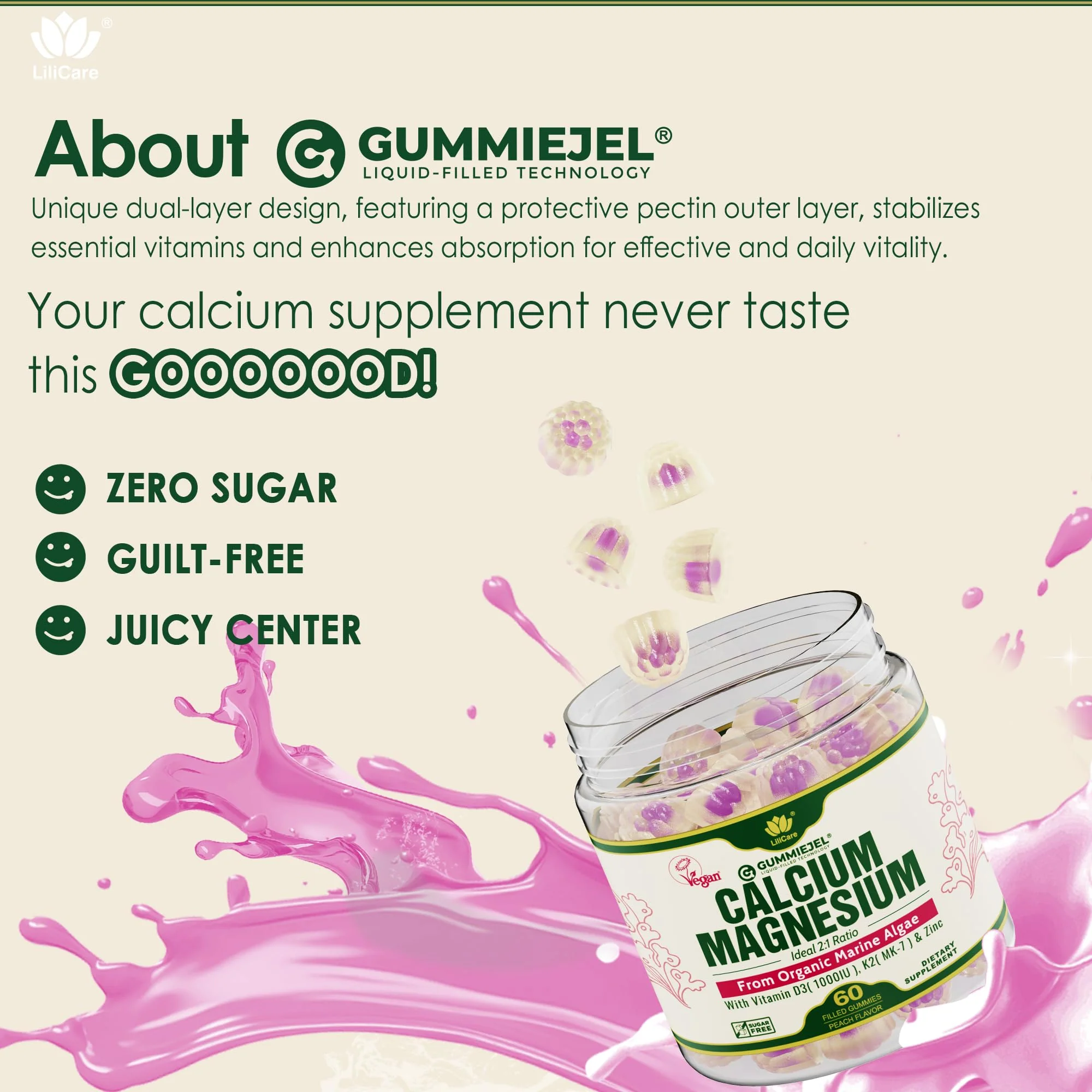 2 Pack Plant-Based Calcium Gummies 600mg + D3 K2 Mg Zn – Vegan, Sugar-Free | LILICARE - Image 17