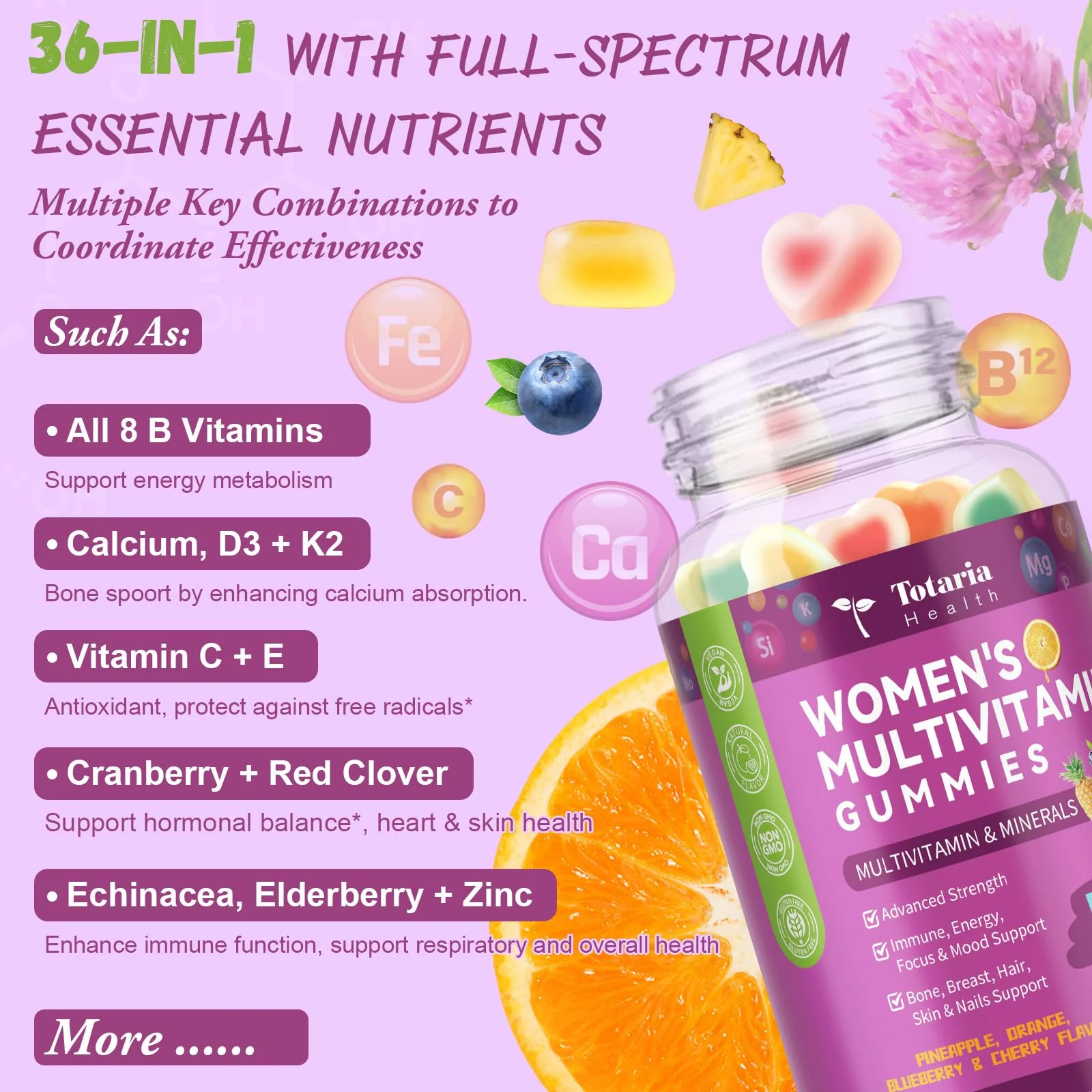 (2 Pcs) Sugar Free Women's Multivitamin Gummies with Iron – Immune & Skin Health - Image 4