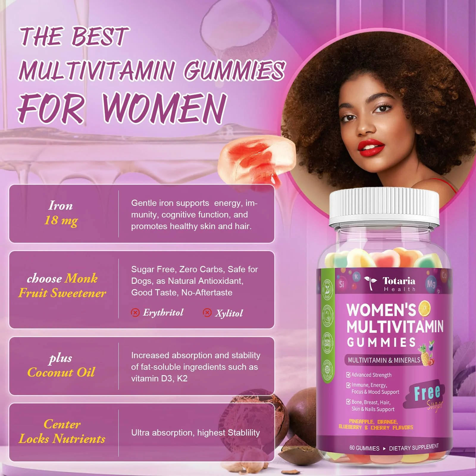 (2 Pcs) Sugar Free Women's Multivitamin Gummies with Iron – Immune & Skin Health - Image 6