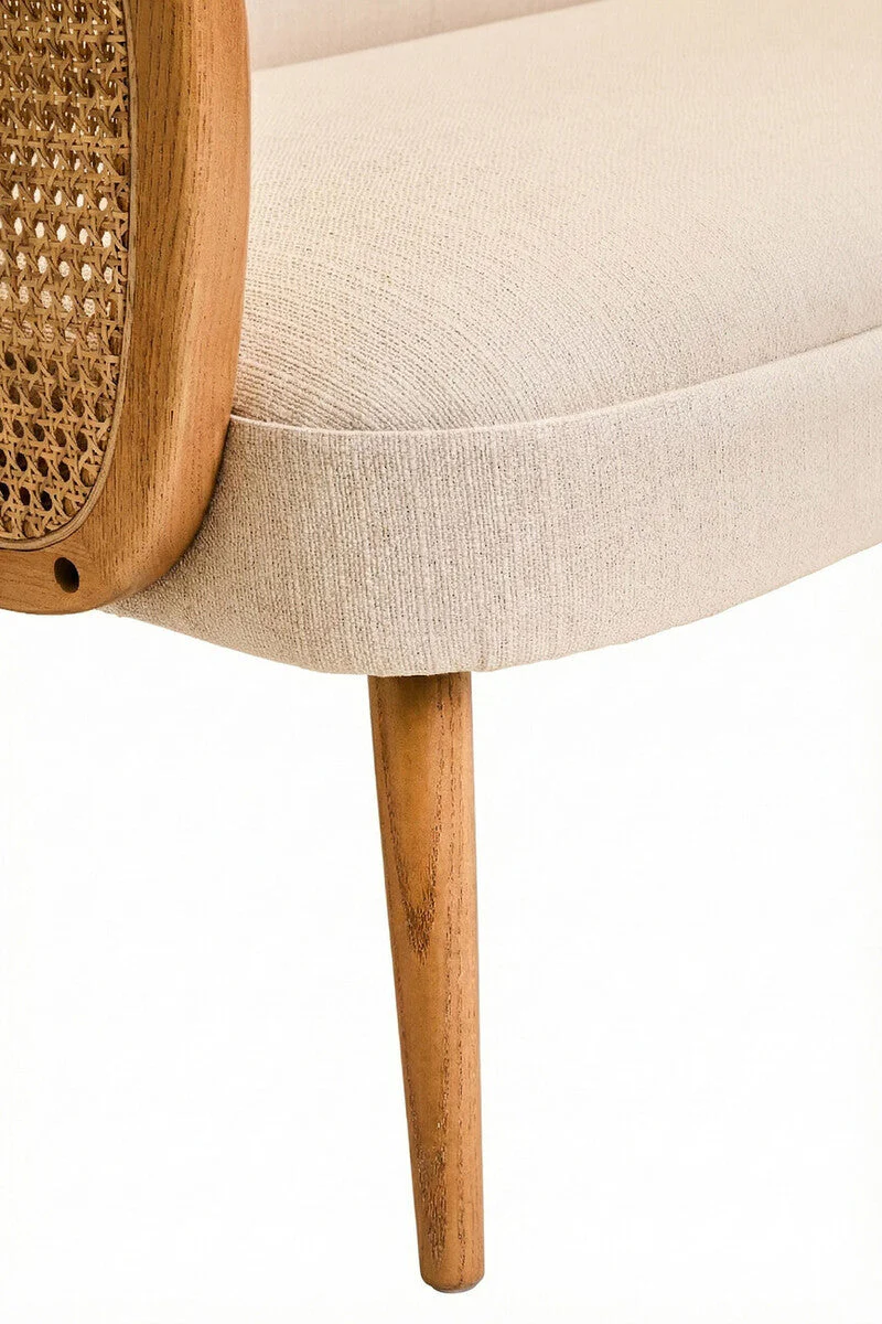 2 Seater Ivory Fabric and Cane Sofa with Elm Wood Legs, Cebu - Image 10