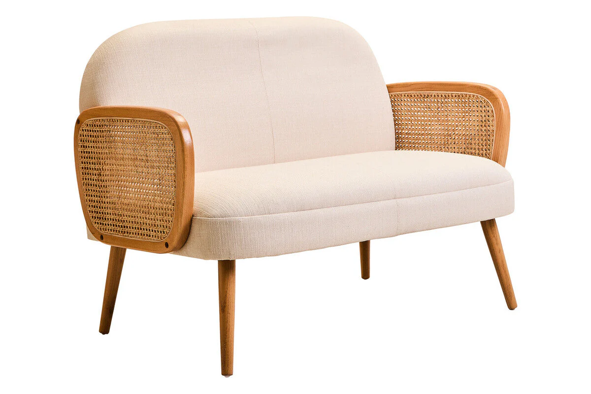 2 Seater Ivory Fabric and Cane Sofa with Elm Wood Legs, Cebu - Image 3