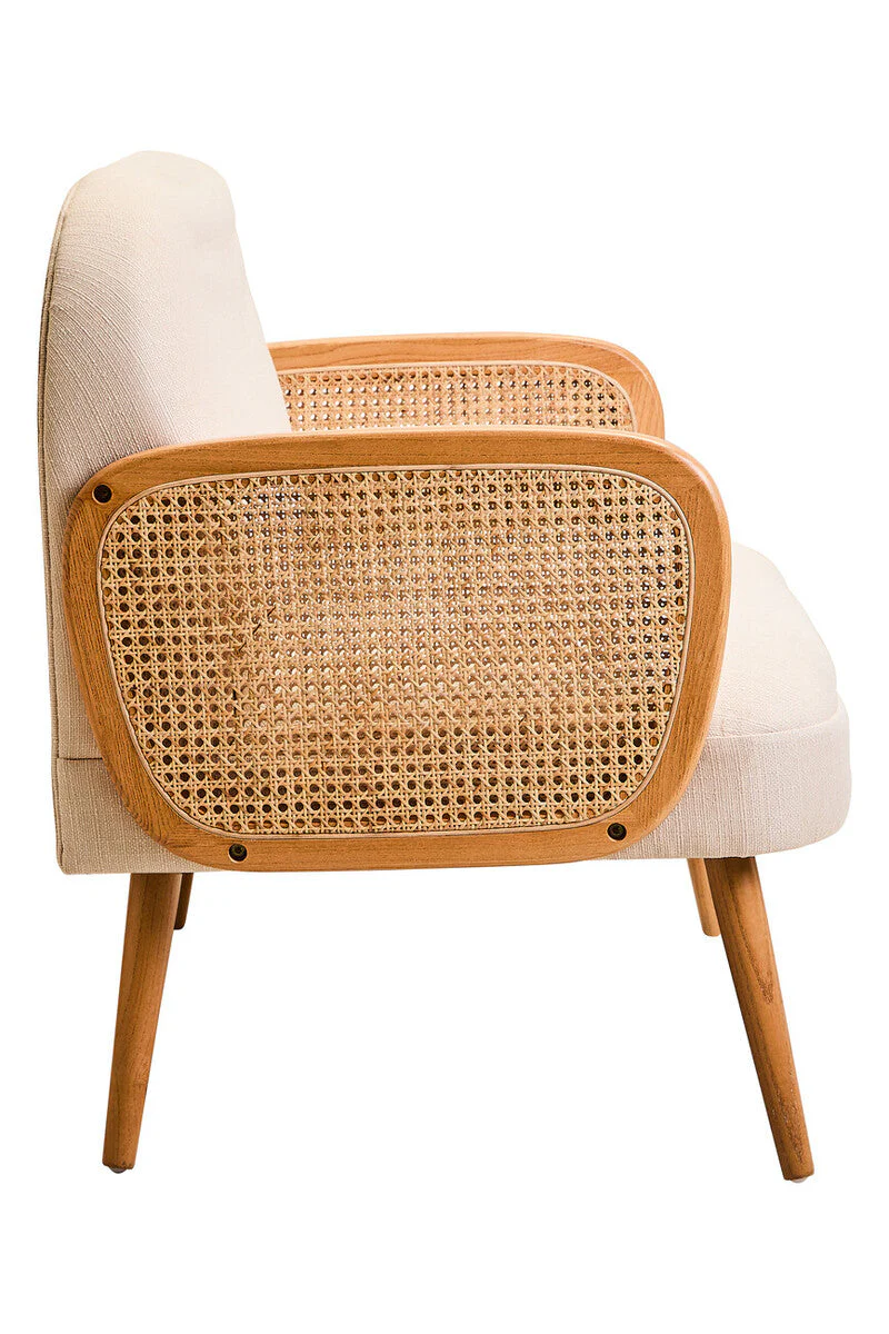 2 Seater Ivory Fabric and Cane Sofa with Elm Wood Legs, Cebu - Image 4