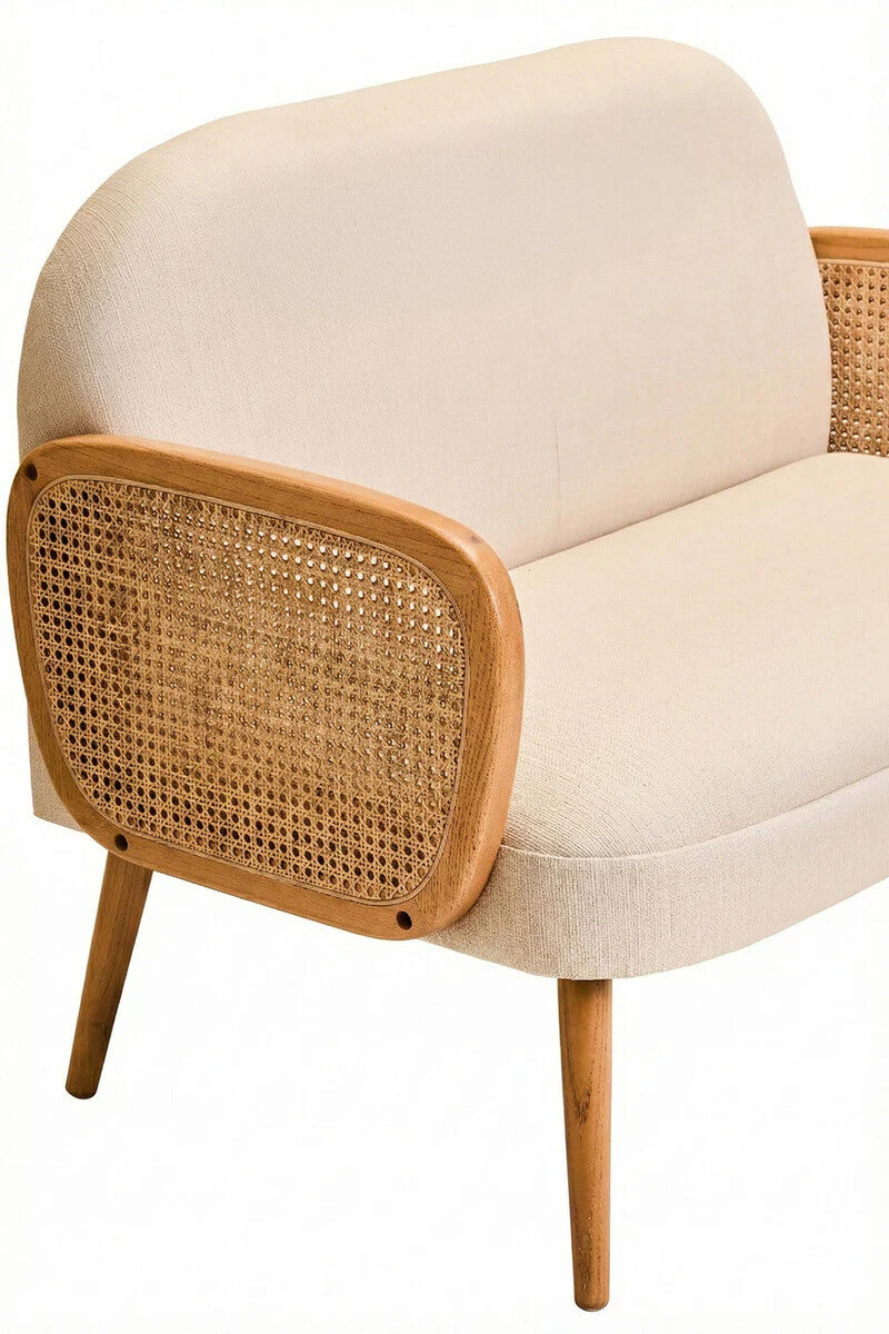 2 Seater Ivory Fabric and Cane Sofa with Elm Wood Legs, Cebu - Image 7