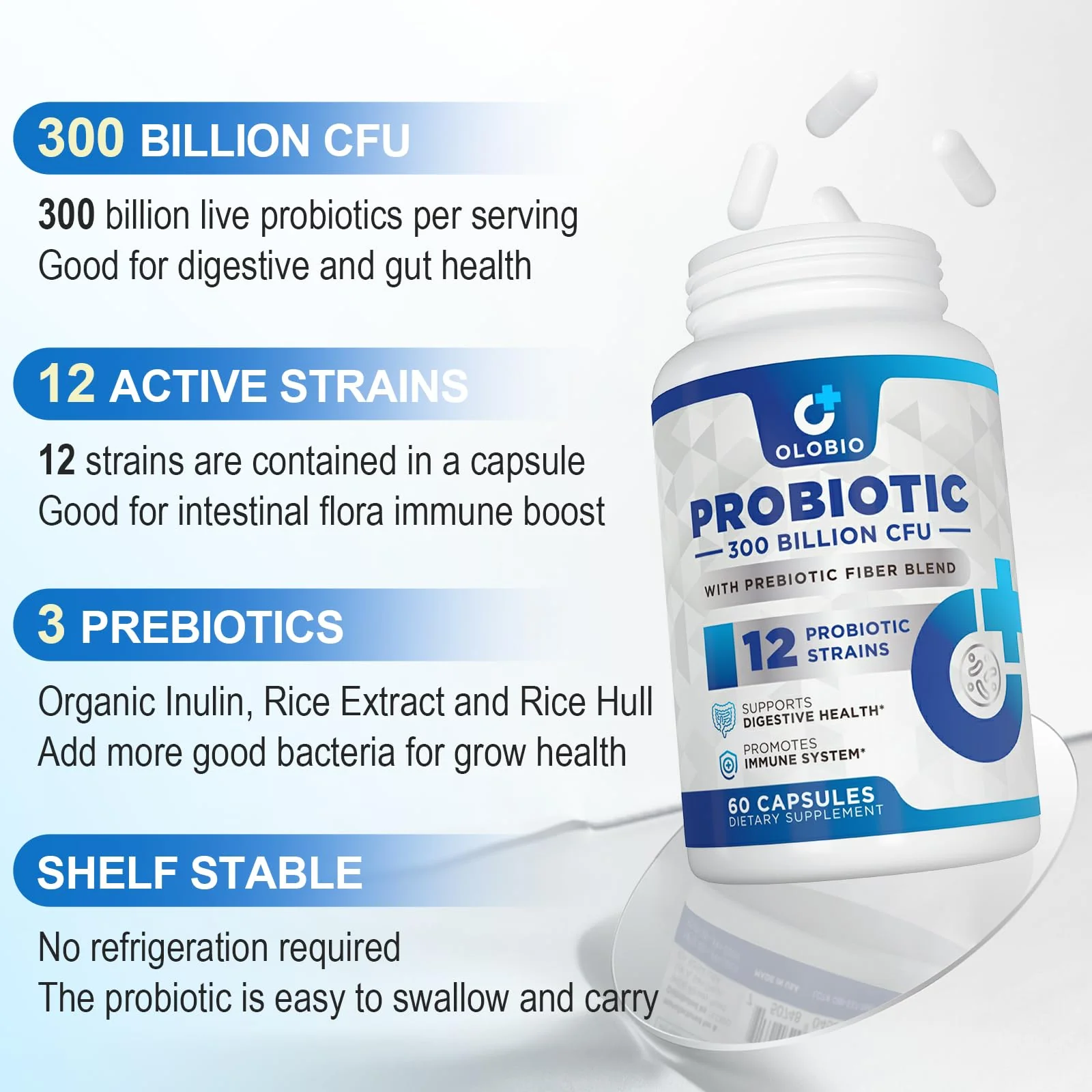 300 Billion CFU Probiotic with 12 Strains & 3 Organic Prebiotics – Daily Digestive & Immune Support, Vegan, Shelf-Stable, 120 Count - Image 3