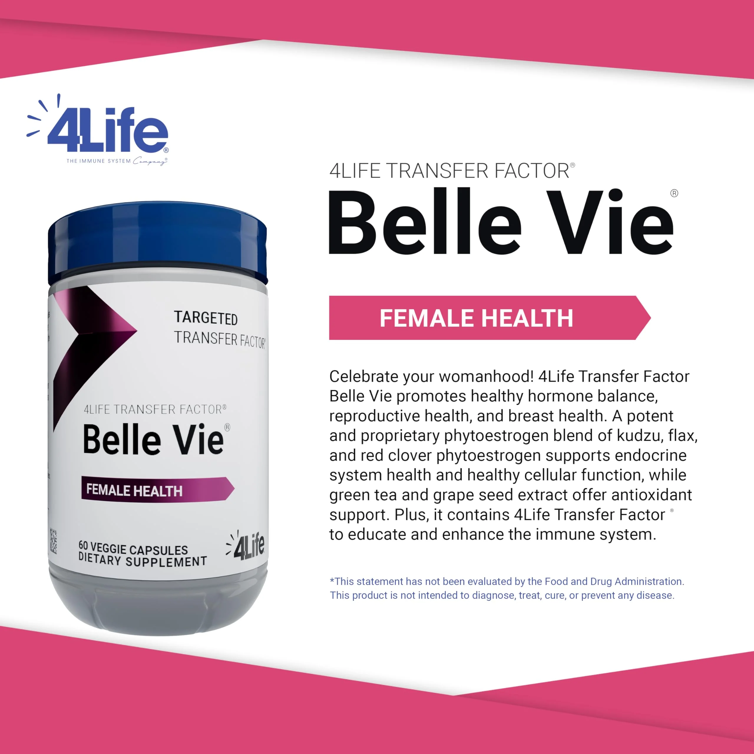 4Life Transfer Factor Belle Vie – Supports Women's Reproductive Health (Kudzu, Flax & Red Clover) – 60 Veggie Capsules - Image 4