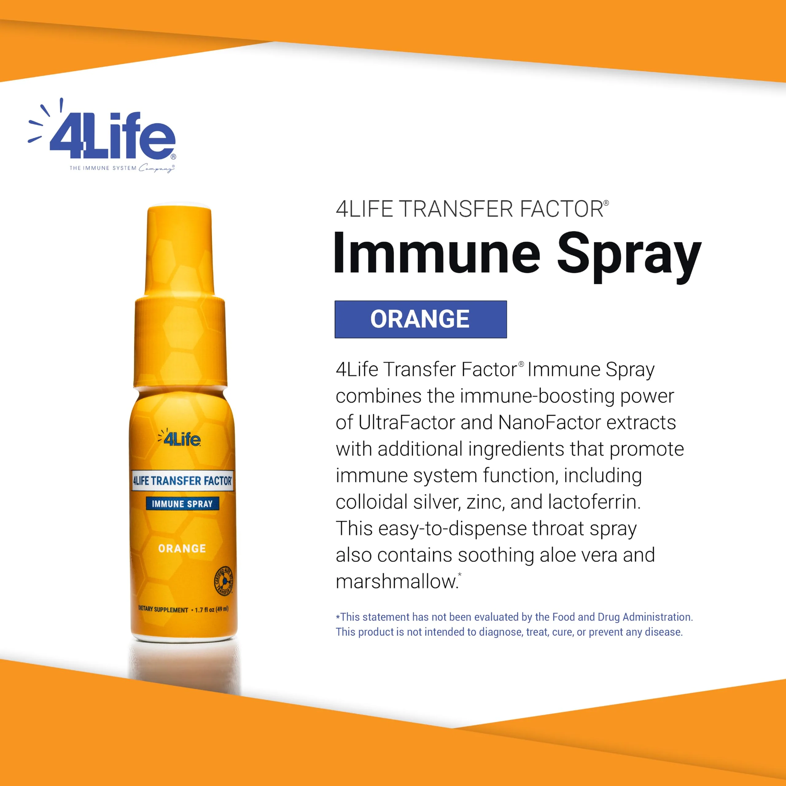 4Life Transfer Factor Immune Spray – Zinc, Marshmallow Root & Colloidal Silver – Orange 1.7 oz - Image 2