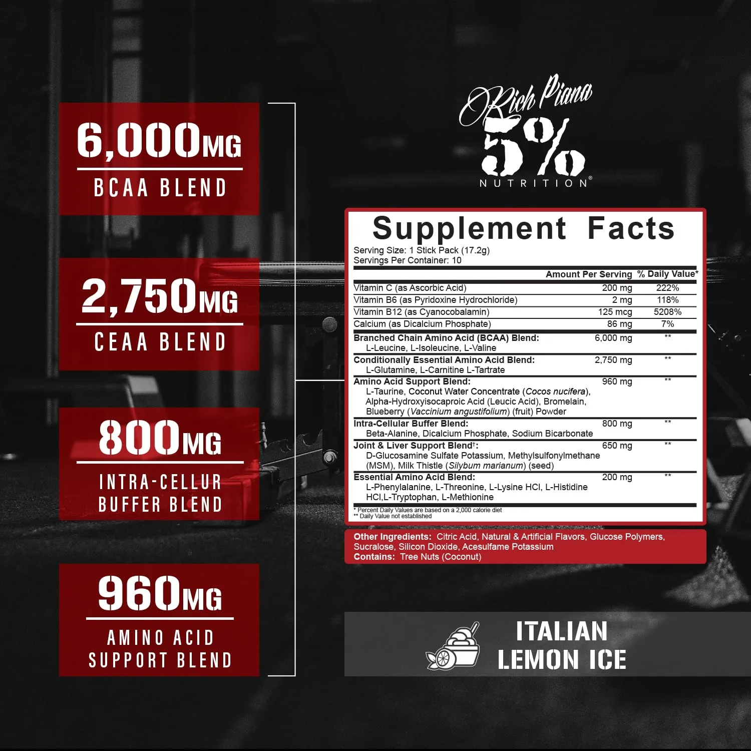5% Nutrition Rich Piana AllDayYouMay BCAA Powder | 9g of Premium Intra & Post Workout Amino Acids for Hydration, Endurance, Muscle Recovery, Joint & Liver Support (Italian Lemon Ice) - Image 2