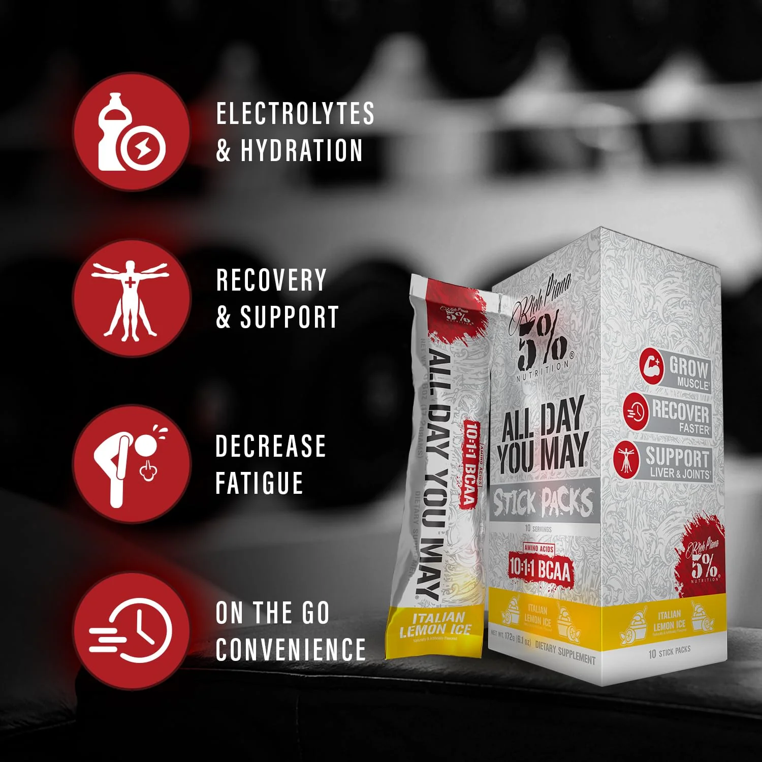 5% Nutrition Rich Piana AllDayYouMay BCAA Powder | 9g of Premium Intra & Post Workout Amino Acids for Hydration, Endurance, Muscle Recovery, Joint & Liver Support (Italian Lemon Ice) - Image 3