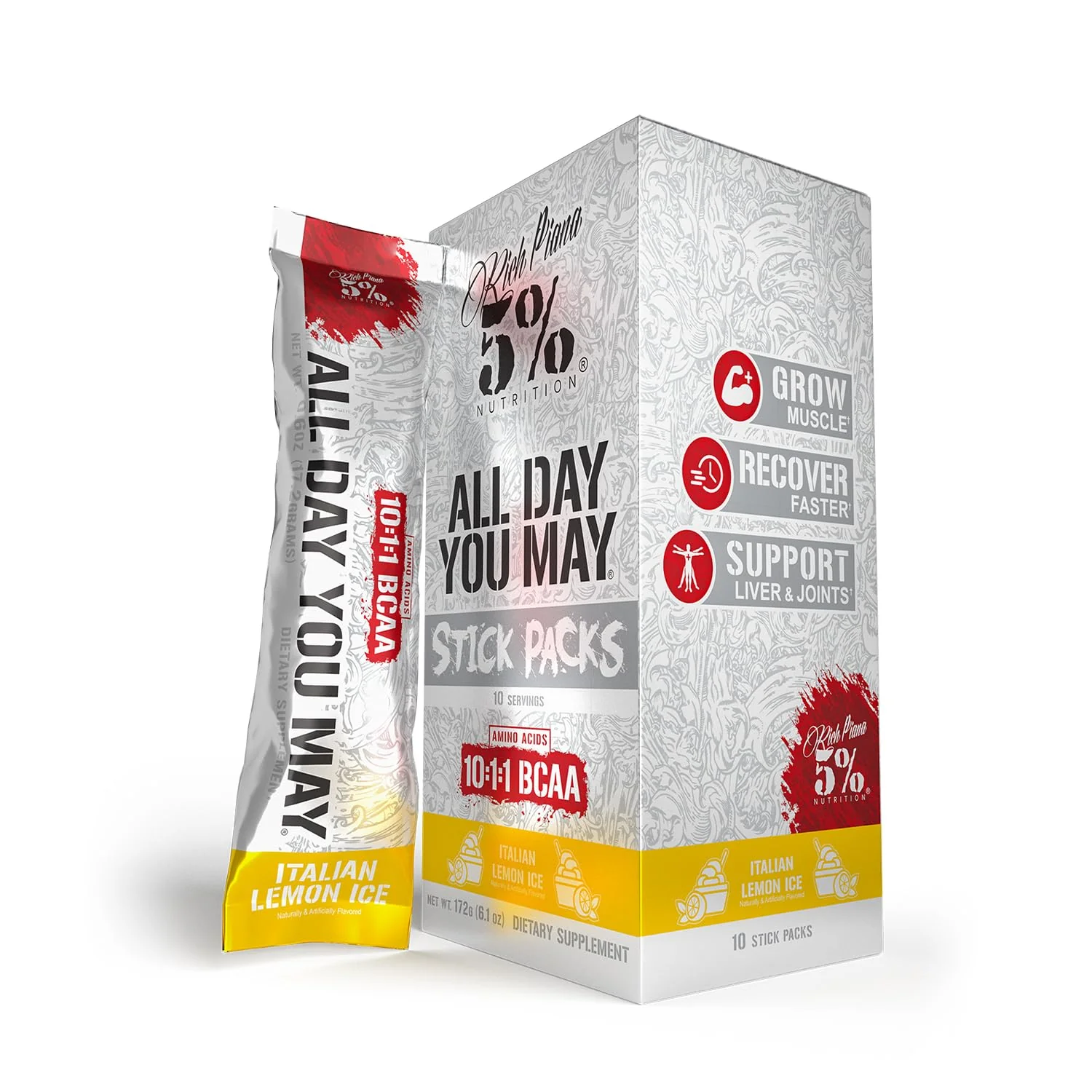5% Nutrition Rich Piana AllDayYouMay BCAA Powder | 9g of Premium Intra & Post Workout Amino Acids for Hydration, Endurance, Muscle Recovery, Joint & Liver Support (Italian Lemon Ice) - Image 4