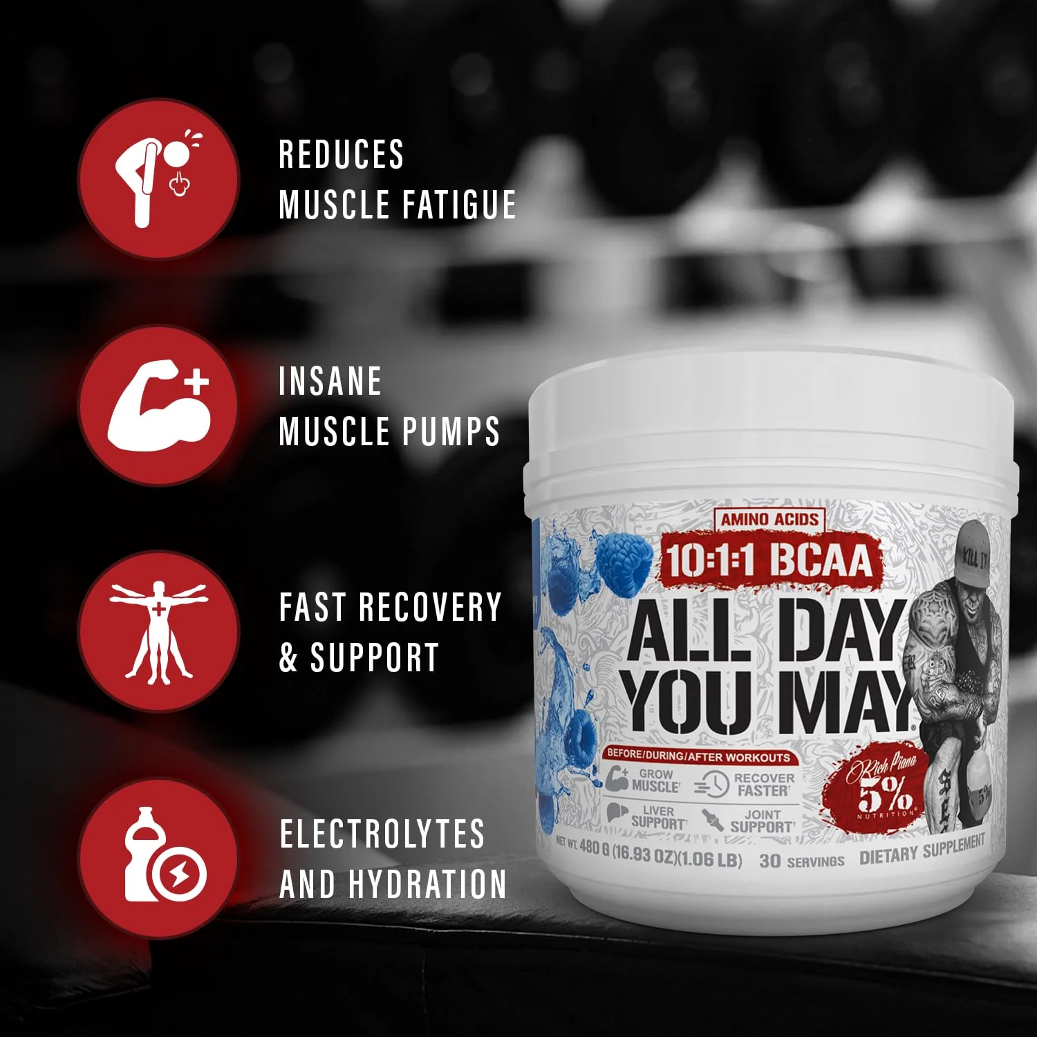 5% Nutrition Rich Piana AllDayYouMay BCAA Powder – Intra & Post-Workout Aminos - Image 10