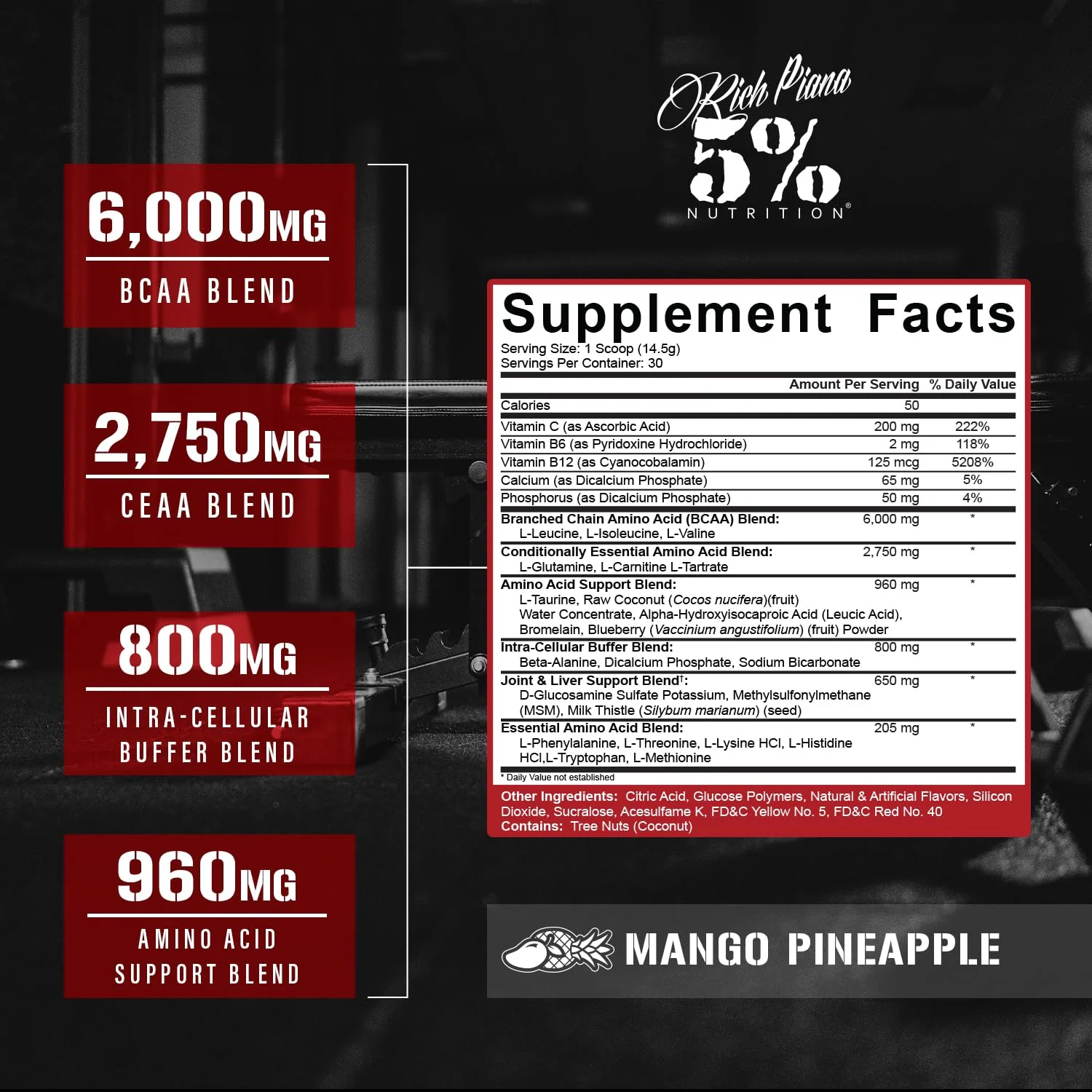 5% Nutrition Rich Piana AllDayYouMay BCAA Powder – Premium Intra & Post Workout Aminos, Mango Pineapple (16.93 oz, 30 Servings) - Image 2