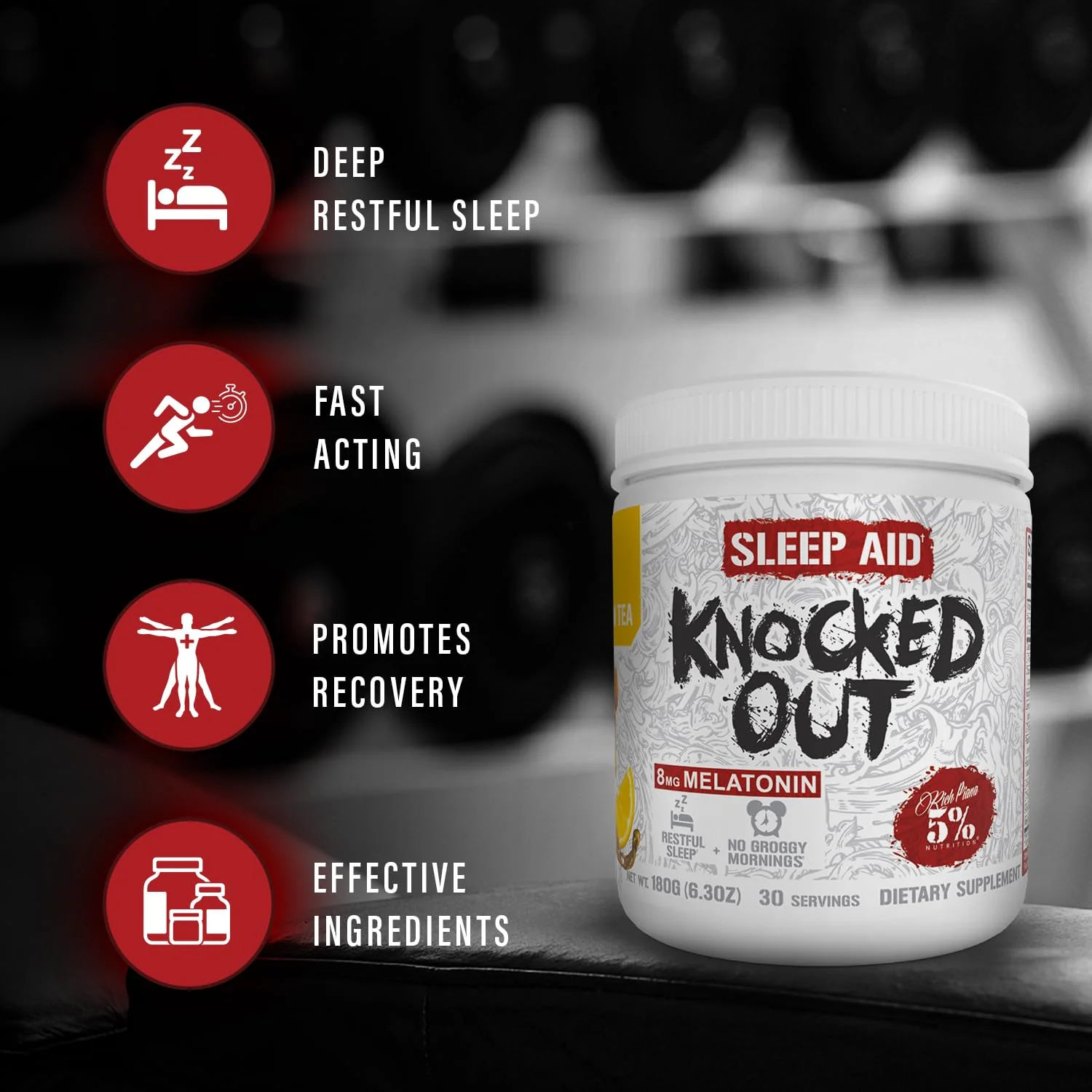 5% Nutrition Rich Piana Knocked Out Natural Sleep Aid Powder | Deep Sleep & Post-Workout Recovery | Honey Lemon Tea | 30 Servings - Image 4