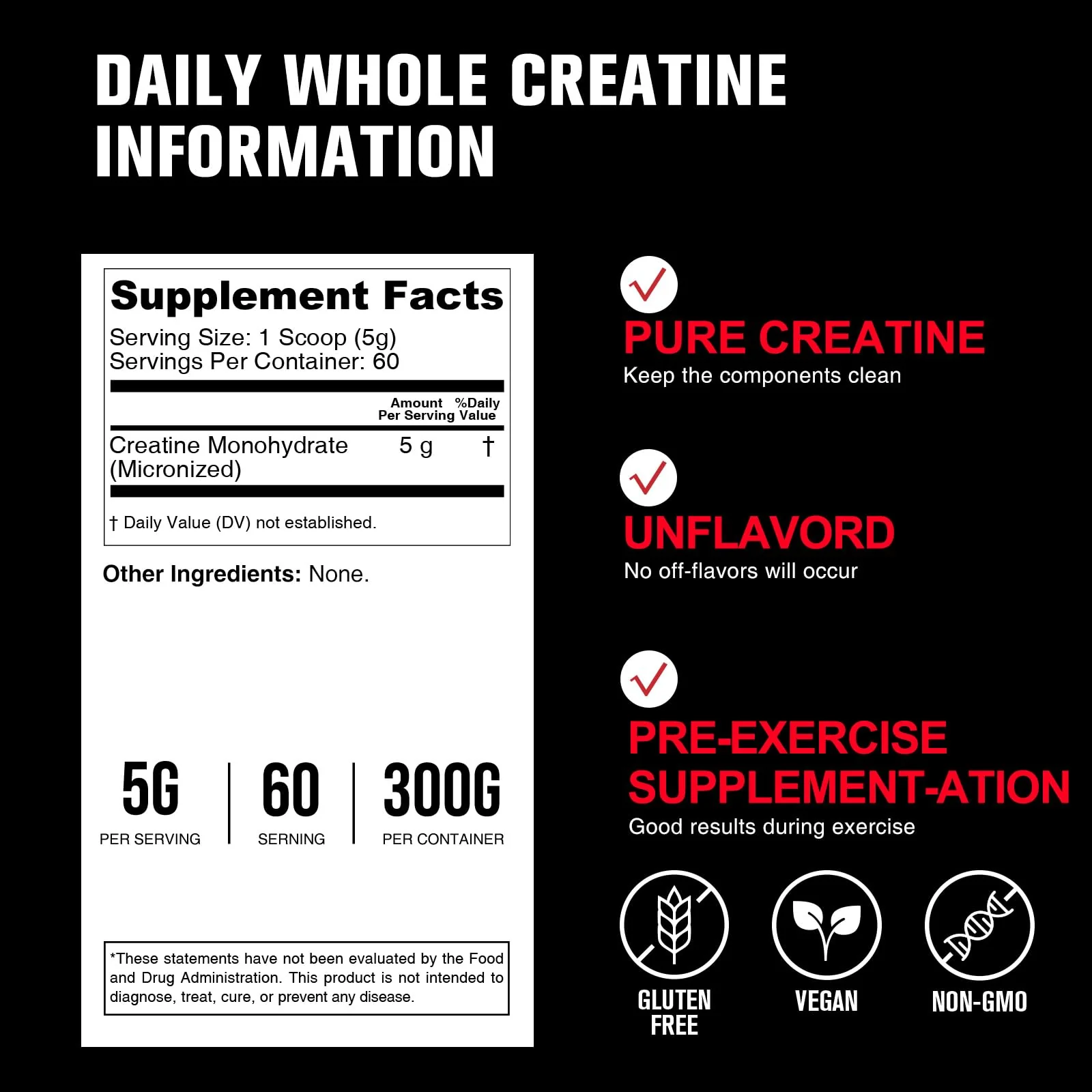 5000mg Creatine Monohydrate Micronized Powder – Unflavored, 300g (60 Servings) – Sugar-Free, Vegan, Non-GMO with Scoop - Image 9