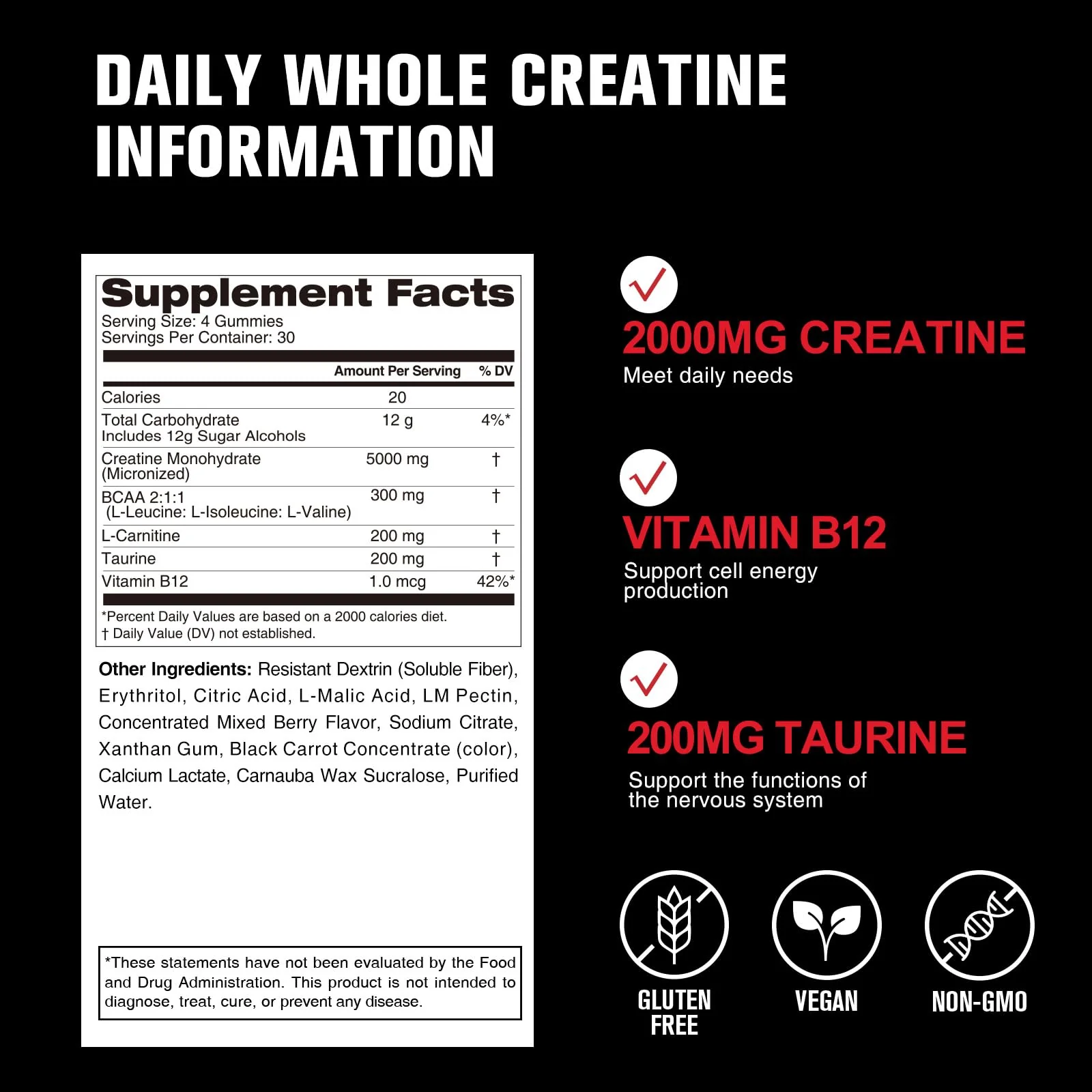7-in-1 Creatine Monohydrate Gummies 5600mg – Mixed Berry, Sugar Free, Vegan - Image 2
