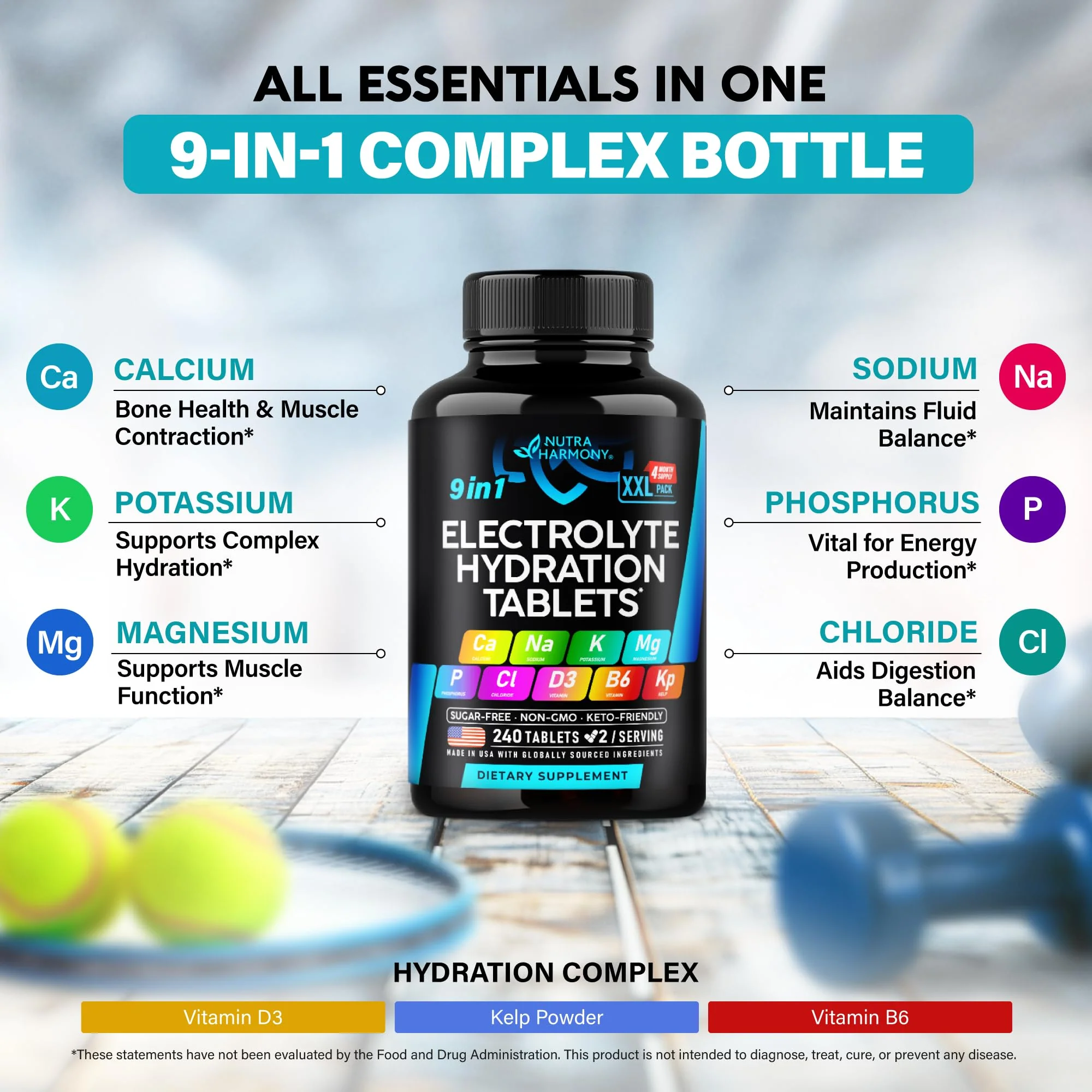 9-in-1 Electrolyte Tablets – Magnesium, Sodium, Potassium, D3 & B6, Kelp | Made in USA | 240 Tabs - Image 5