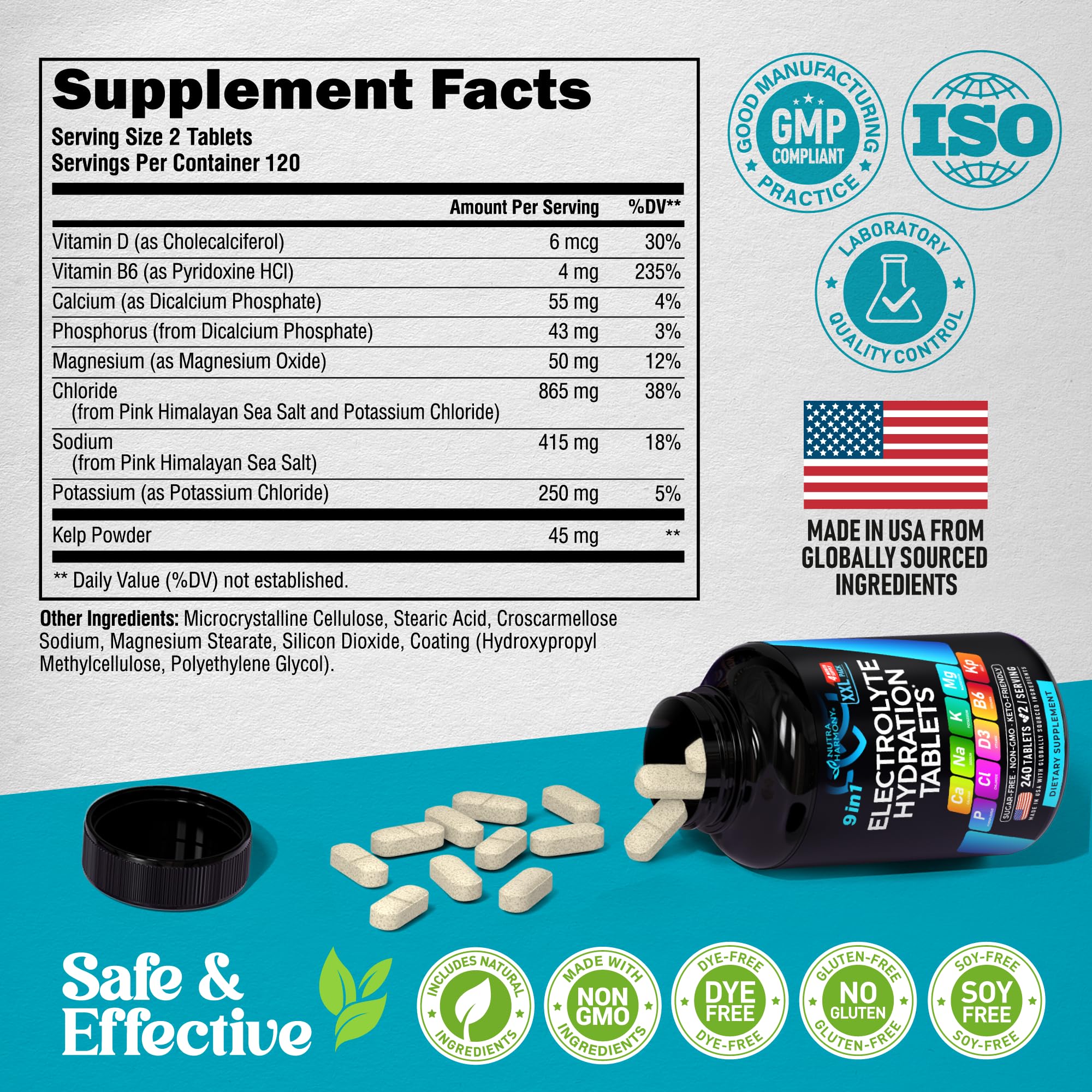 9-in-1 Electrolyte Tablets – Magnesium, Sodium, Potassium, D3 & B6, Kelp | Made in USA | 240 Tabs - Image 7