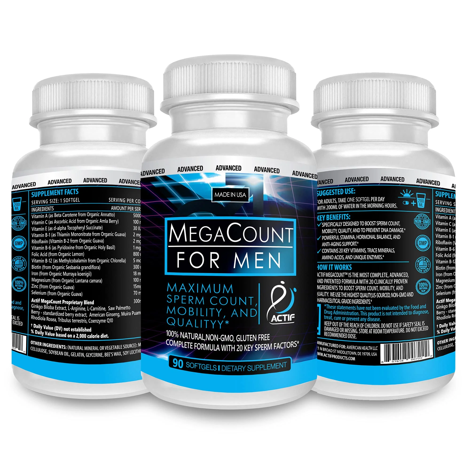 ACTIF MegaCount for Men - Maximum Fertility Support & Sperm Count Booster | 90 Softgels, USA Made, Non-GMO - Image 2