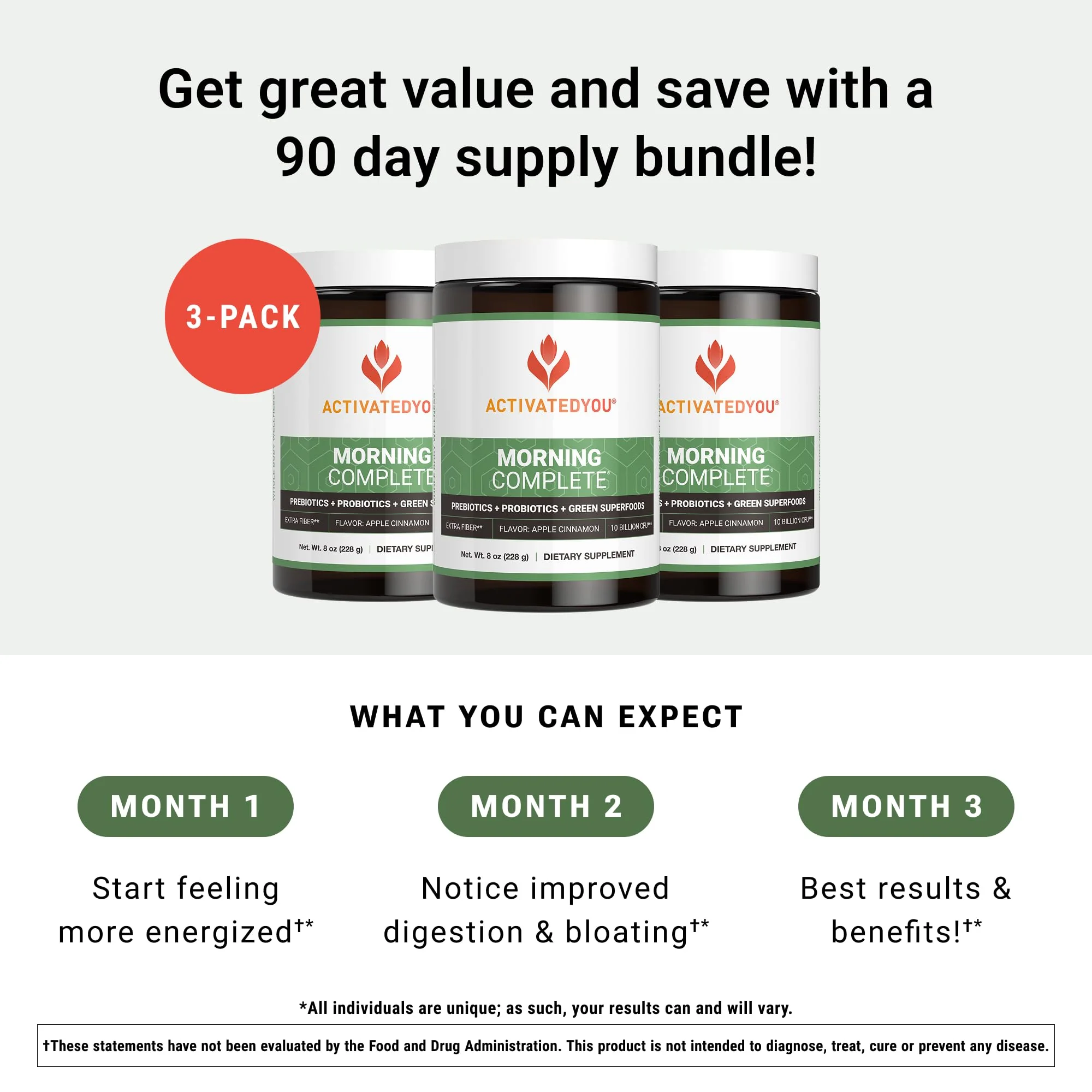 ACTIVATEDYOU Morning Complete Daily Wellness Greens — Probiotics & Prebiotics, 10B CFU, Apple Cinnamon (3 Pack) - Image 3