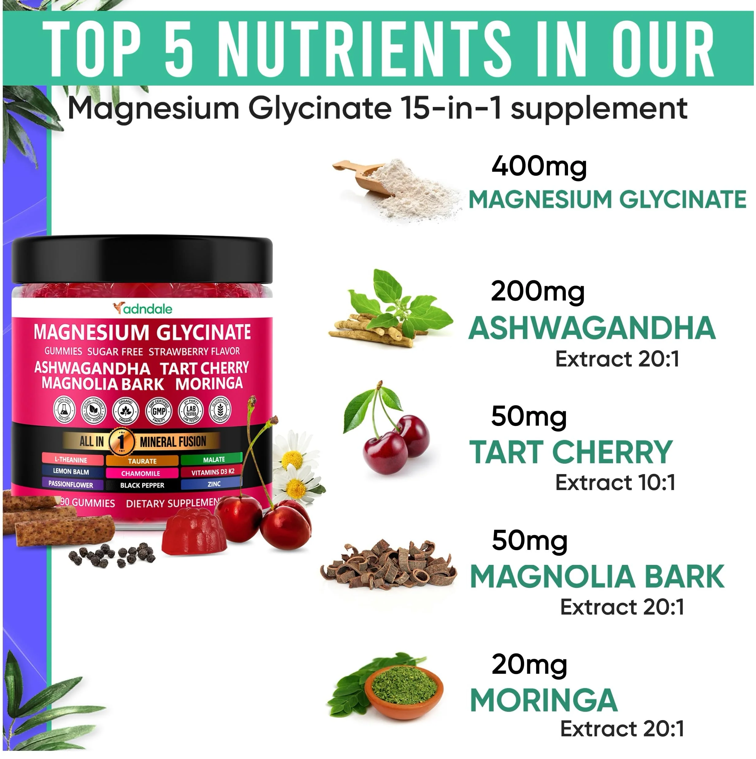 Adndale 180ct 15-in-1 Magnesium Glycinate Gummies 400 mg/serving with Ashwagandha, Tart Cherry & More - Image 12