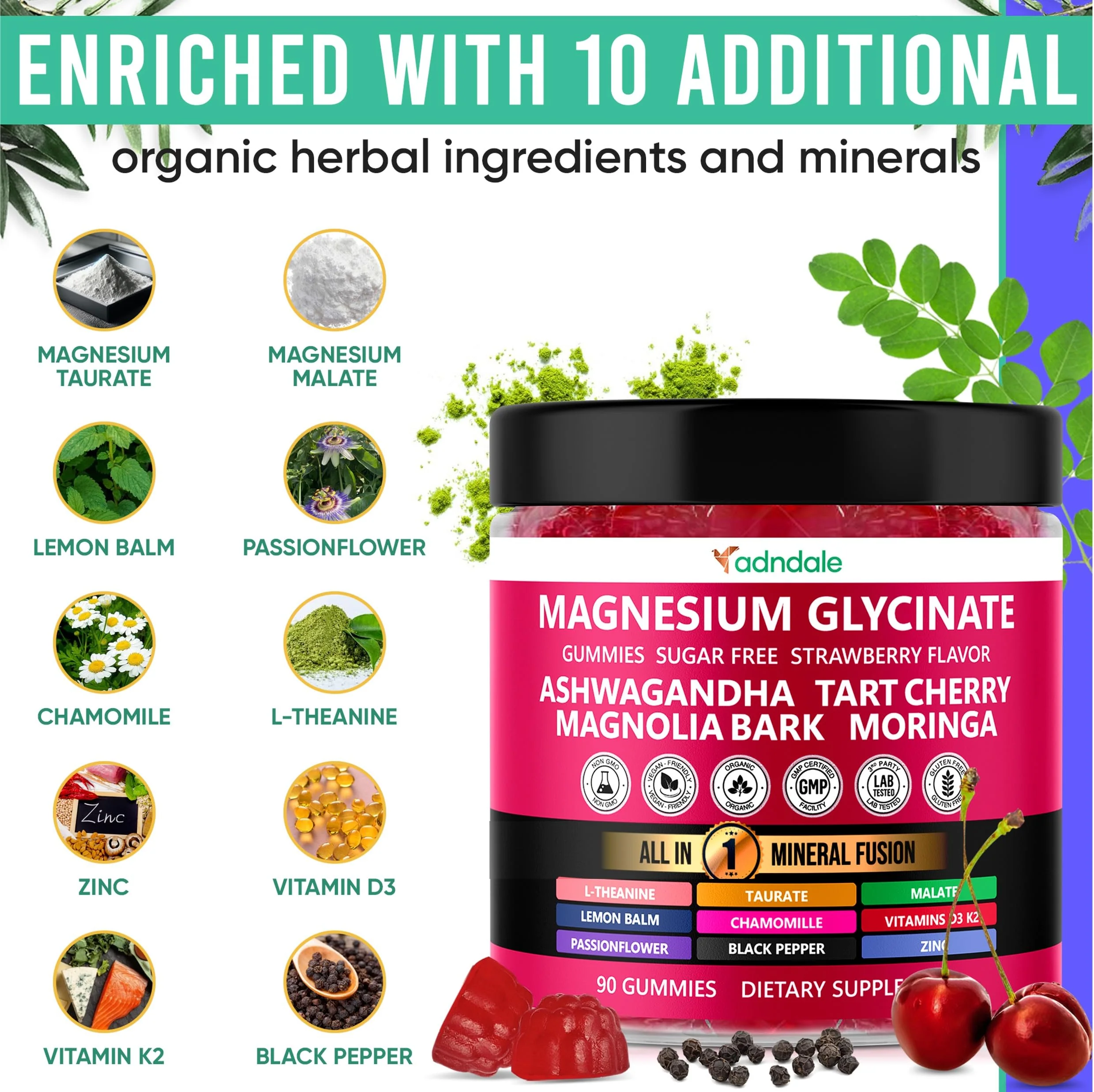 Adndale 180ct 15-in-1 Magnesium Glycinate Gummies 400 mg/serving with Ashwagandha, Tart Cherry & More - Image 13