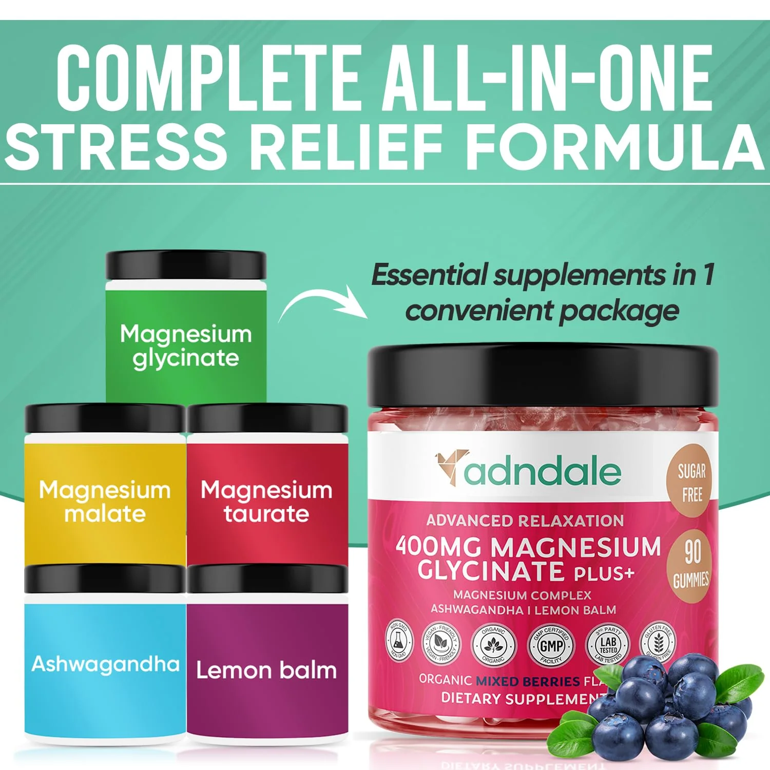 Adndale Magnesium Glycinate Gummies 180 CT with Ashwagandha, Malate & Taurate — Sugar-Free, Mixed Berry - Image 4