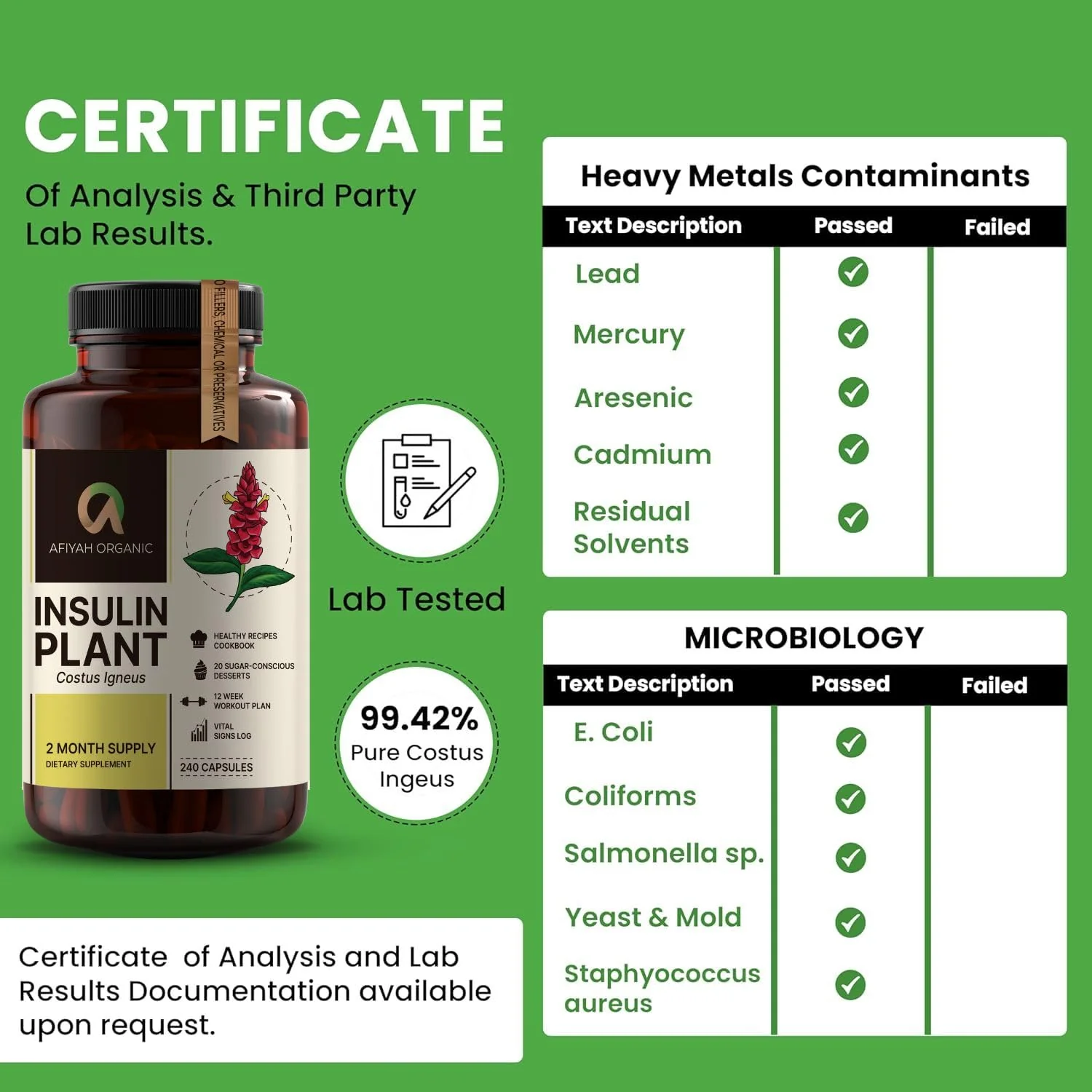 Afiyah Organic Costus Igneus Capsules β Premium Insulin Plant (240 Veggie Capsules) - Image 3