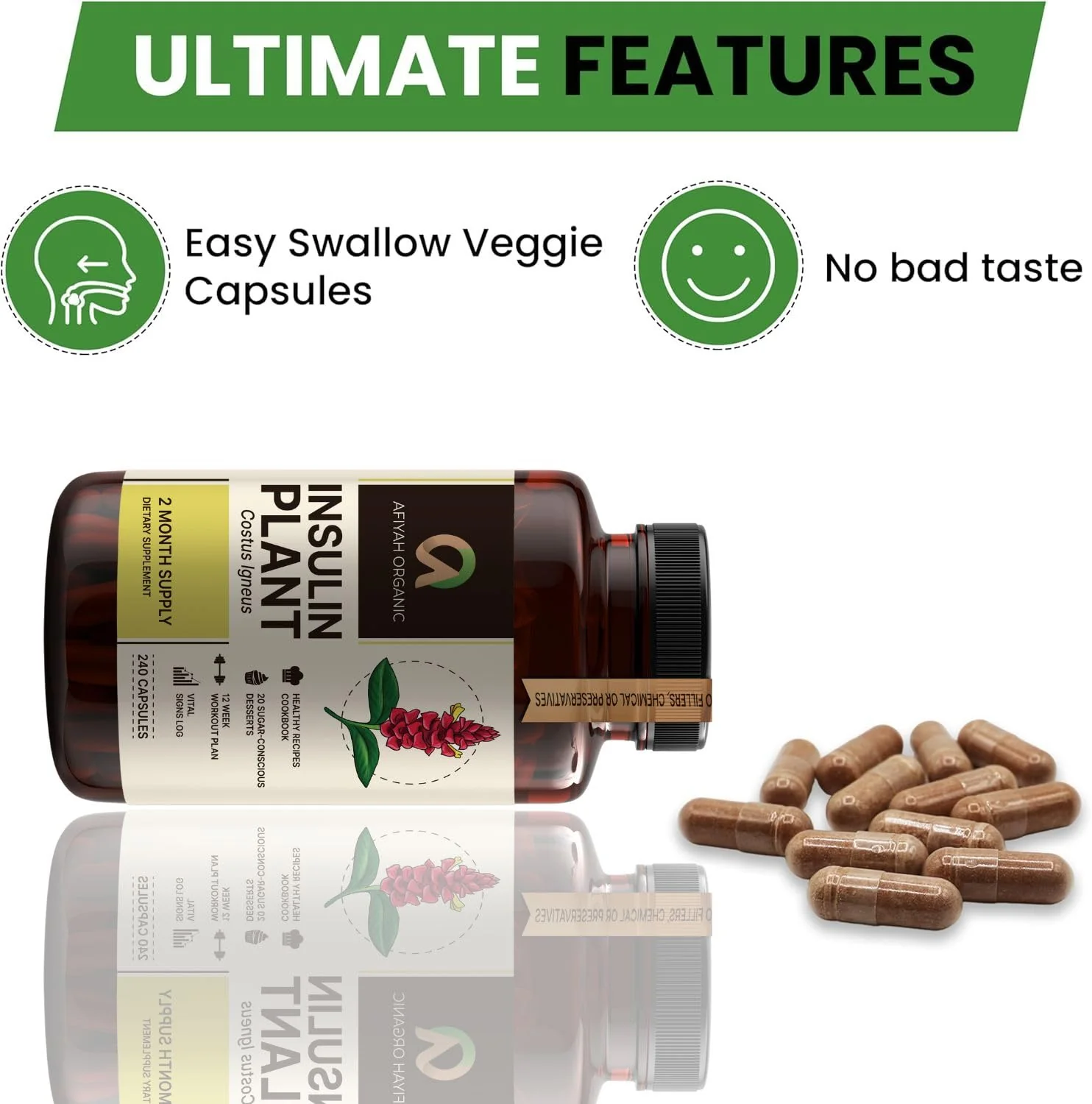 Afiyah Organic Costus Igneus Capsules β Premium Insulin Plant (240 Veggie Capsules) - Image 5