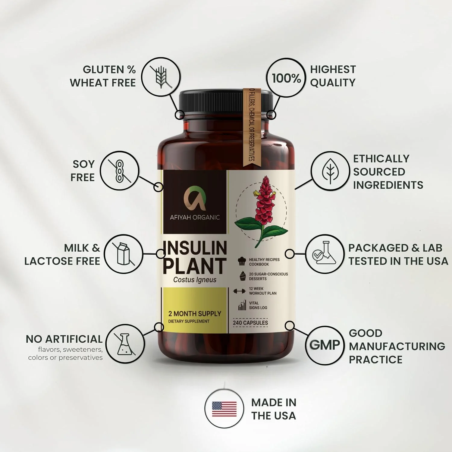 Afiyah Organic Costus Igneus Capsules β Premium Insulin Plant (240 Veggie Capsules) - Image 7