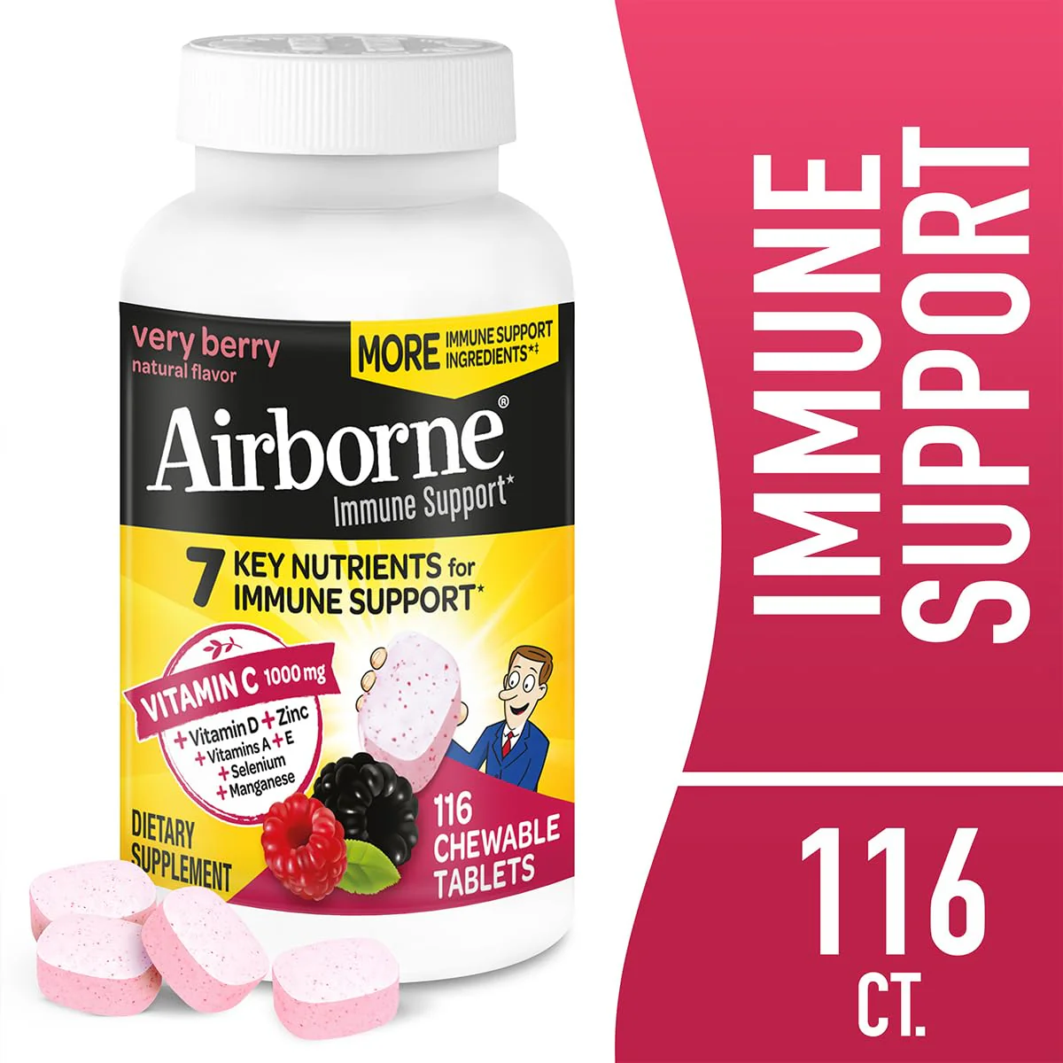Airborne 1000mg Vitamin C + Zinc Immune Support Chewables – Very Berry, 116 Tablets (2 Pack) - Image 11