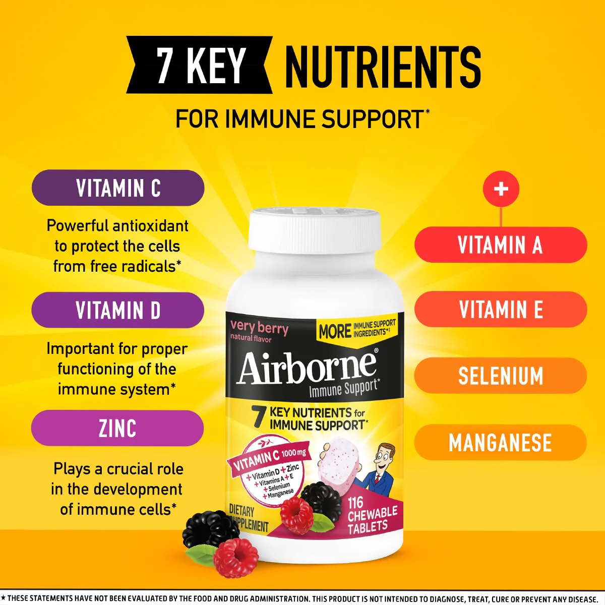 Airborne 1000mg Vitamin C + Zinc Immune Support Chewables – Very Berry, 116 Tablets (2 Pack) - Image 17