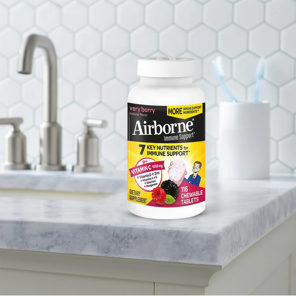 Airborne 1000mg Vitamin C + Zinc Immune Support Chewables – Very Berry, 116 Tablets (2 Pack) - Image 18