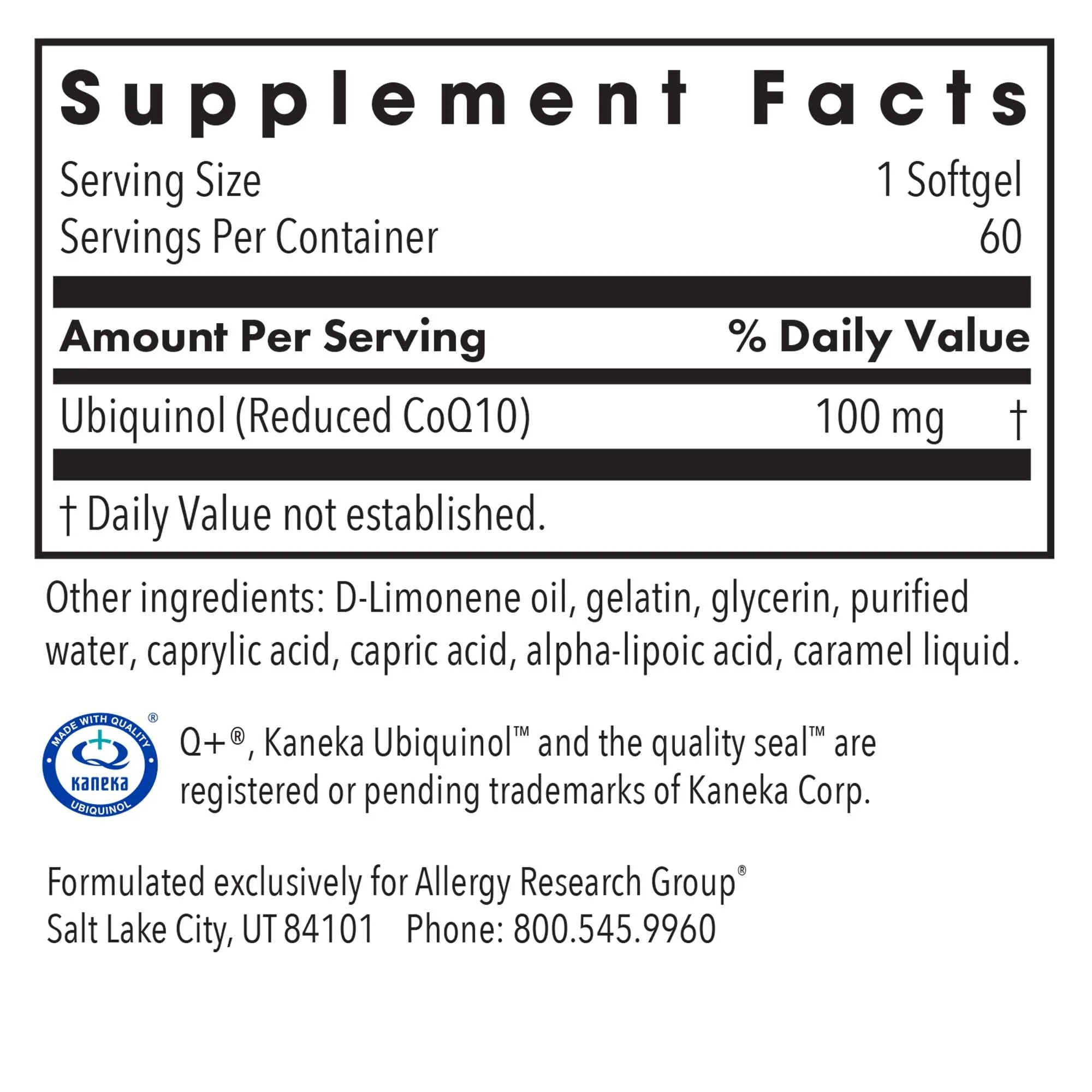 Allergy Research Group CoQH-CF Ubiquinol 100mg Softgels – Unoxidized CoQ10 for Heart & Immune Support - Image 3