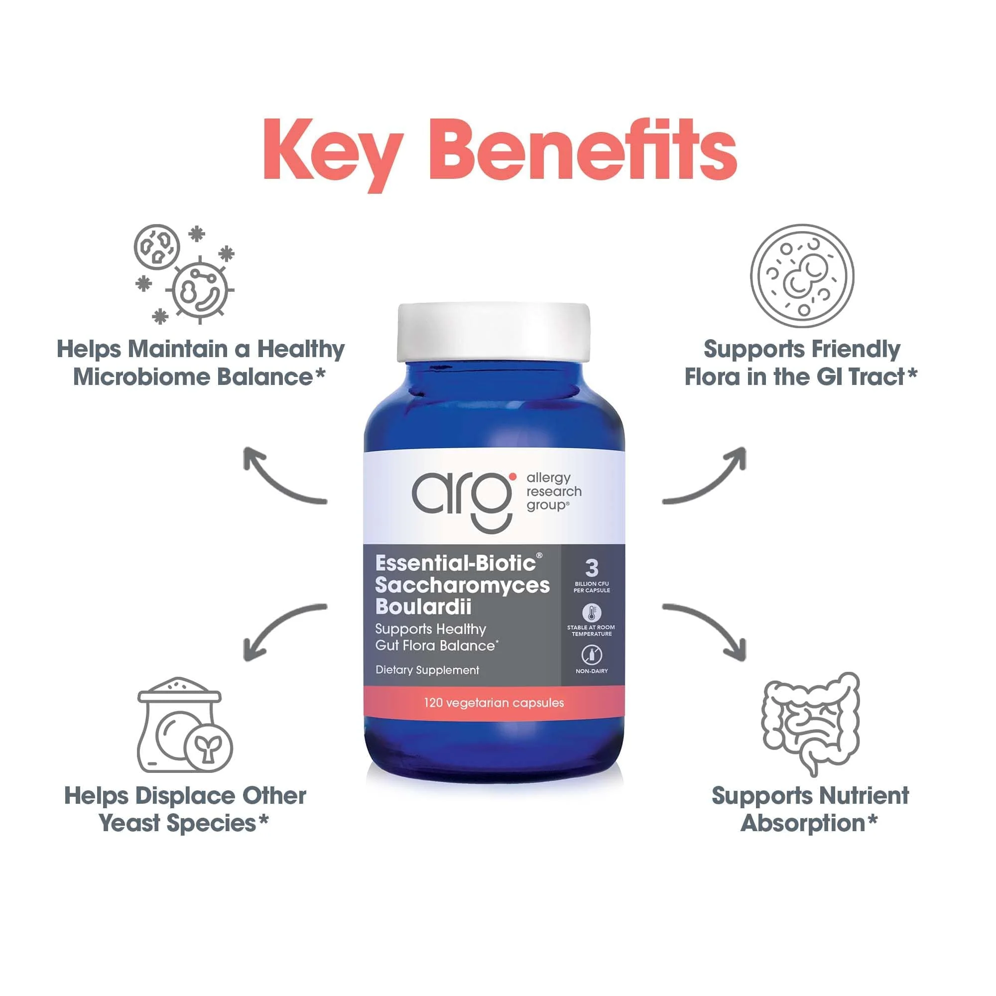 Allergy Research Group Essential-Biotic Saccharomyces boulardii 450mg Probiotic - 120 Count - Image 2