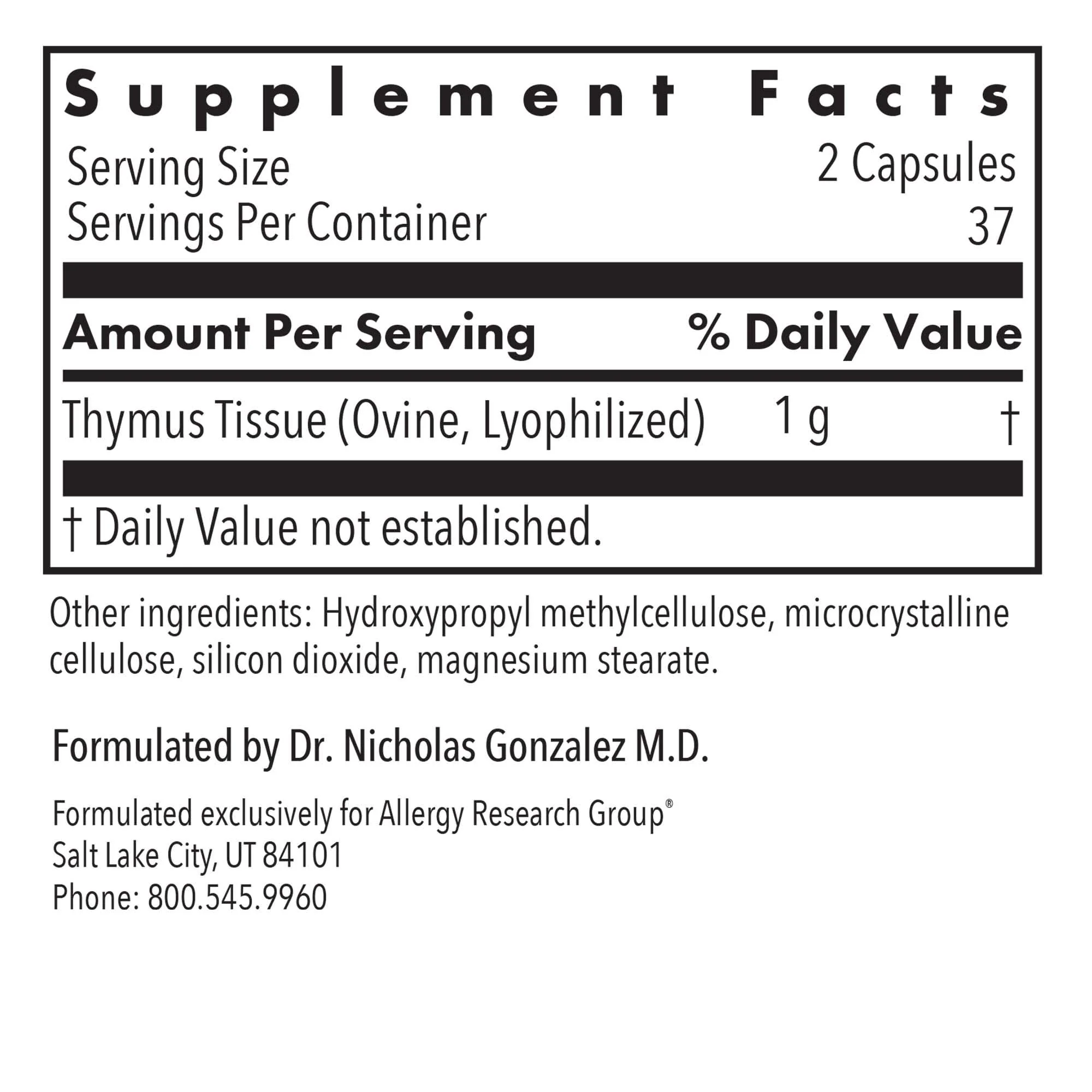Allergy Research Group Thymus Glandular – 1000mg Ovine Thymus, Hypoallergenic, 75 Count - Image 4