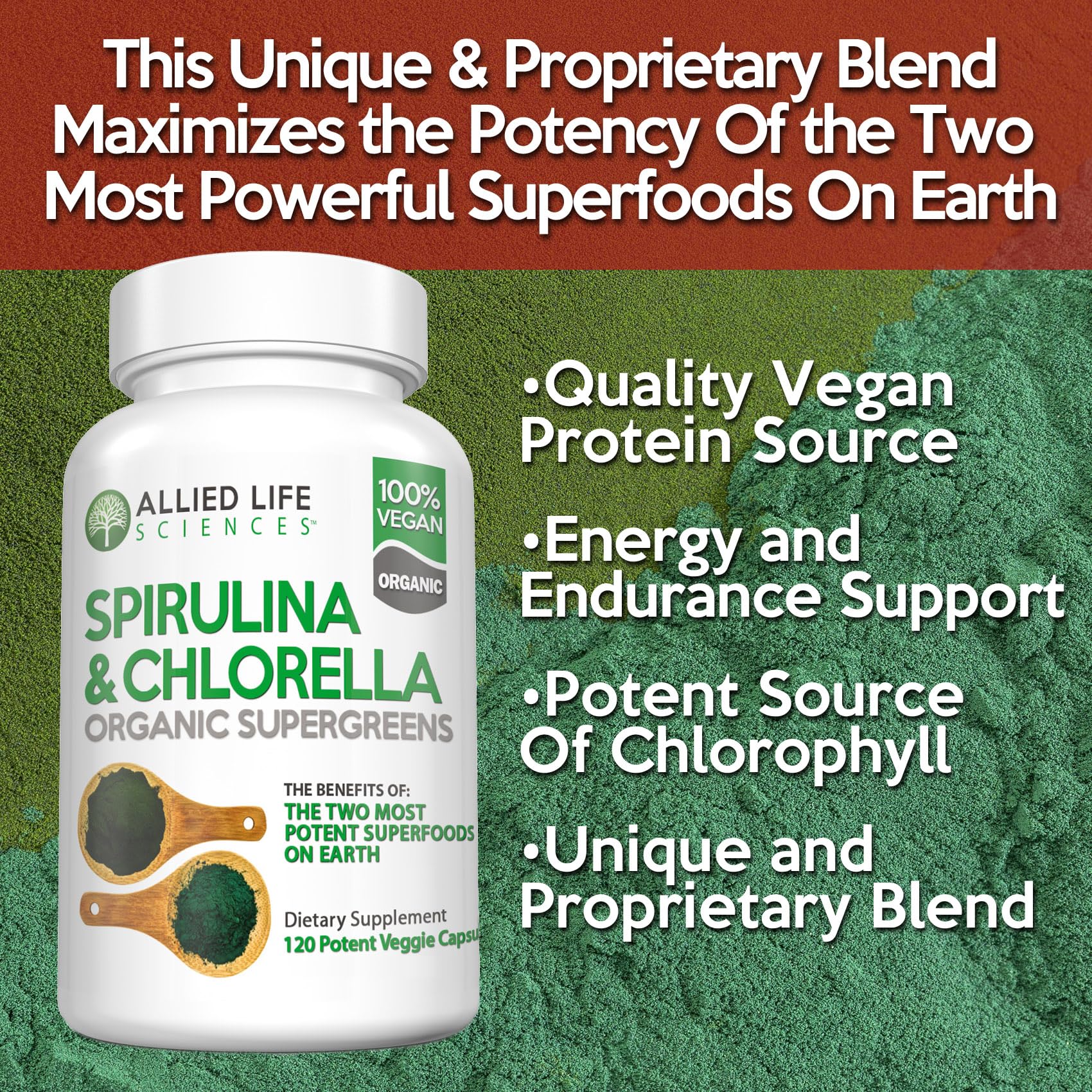 Allied Life Spirulina & Chlorella | Organic Green Superfood Capsules | 3 Bottle Pack - Image 2