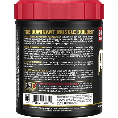 ALLMAX AminoCORE BCAA Blue Raspberry Powder – 945 g, 90 Servings, 8.18 g BCAAs per Serving, Sugar Free, Instantized + B Vitamins - Image 4