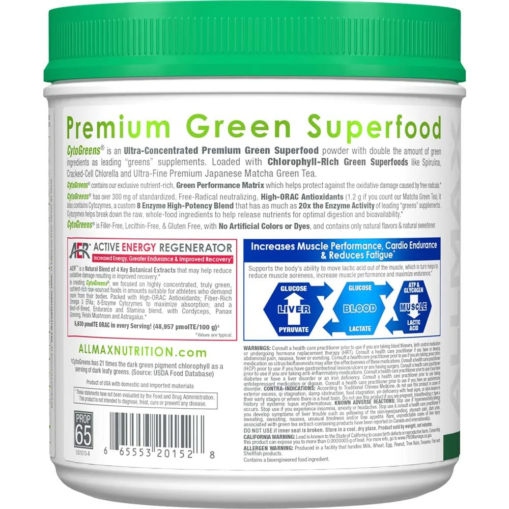 AllMax Naturals CYTO-Greens Premium Green Superfood – Acai Berry Green Tea, 60 Servings - Image 3