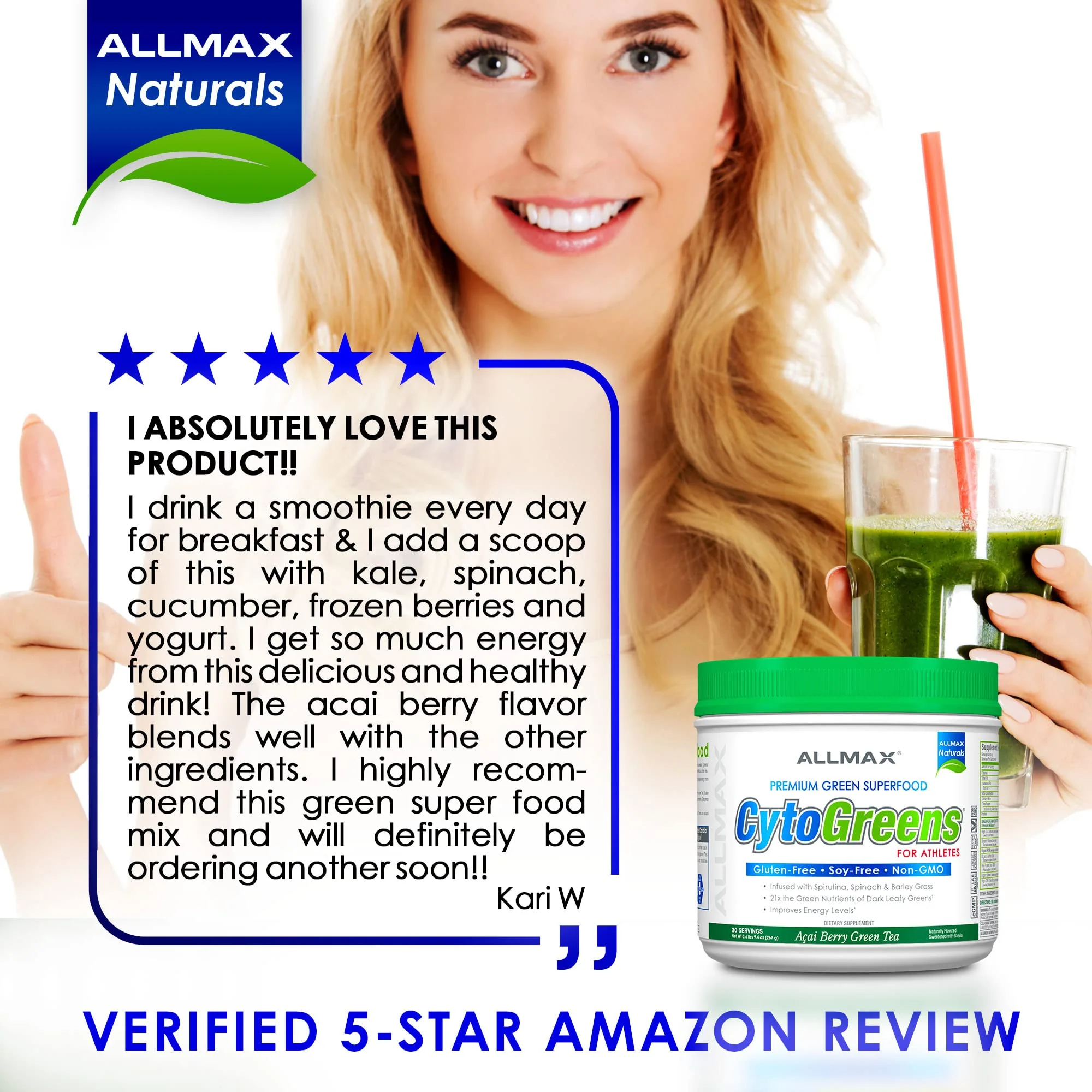 AllMax Naturals CYTO-Greens Premium Green Superfood – Acai Berry Green Tea, 60 Servings - Image 6