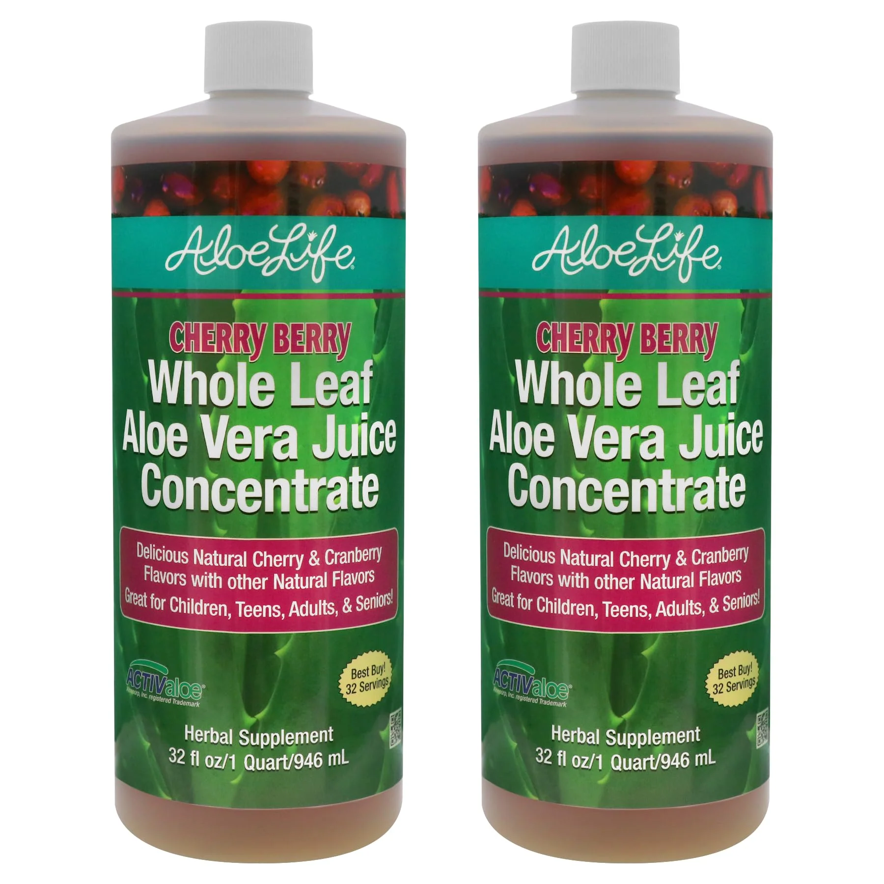 Aloe Life Whole Leaf Aloe Vera Juice Organic Cherry Berry 32 oz (2-Pack)