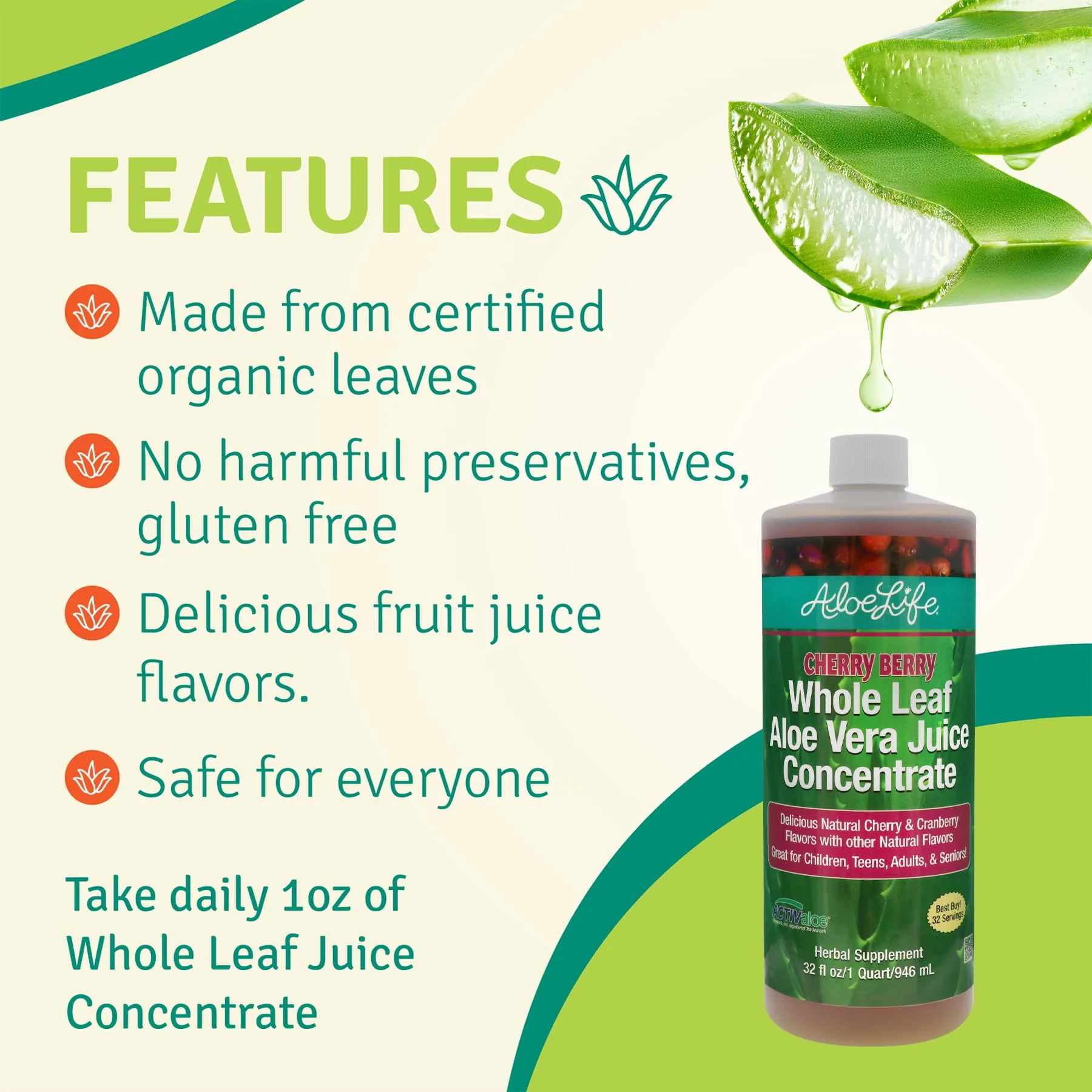 Aloe Life Whole Leaf Aloe Vera Juice Organic Cherry Berry 32 oz (2-Pack) - Image 4