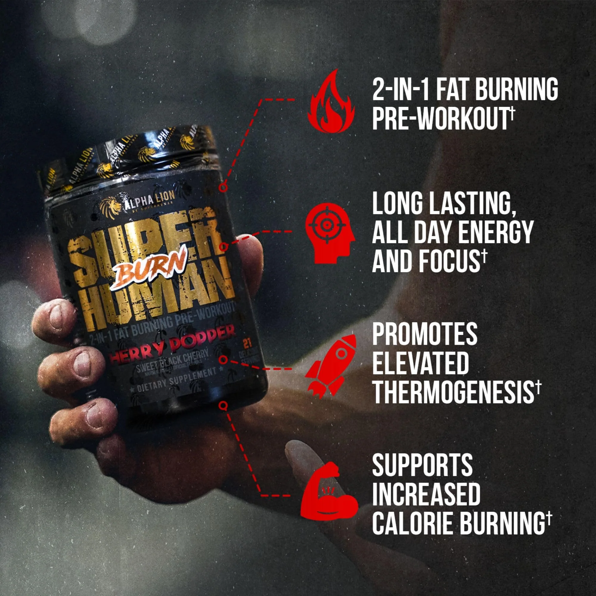 ALPHA LION Superhuman Burn – 2-in-1 Metabolism Booster Pre Workout & Thermogenic Fat Burner for Men | 21 Servings | Sweet Black Cherry - Image 2